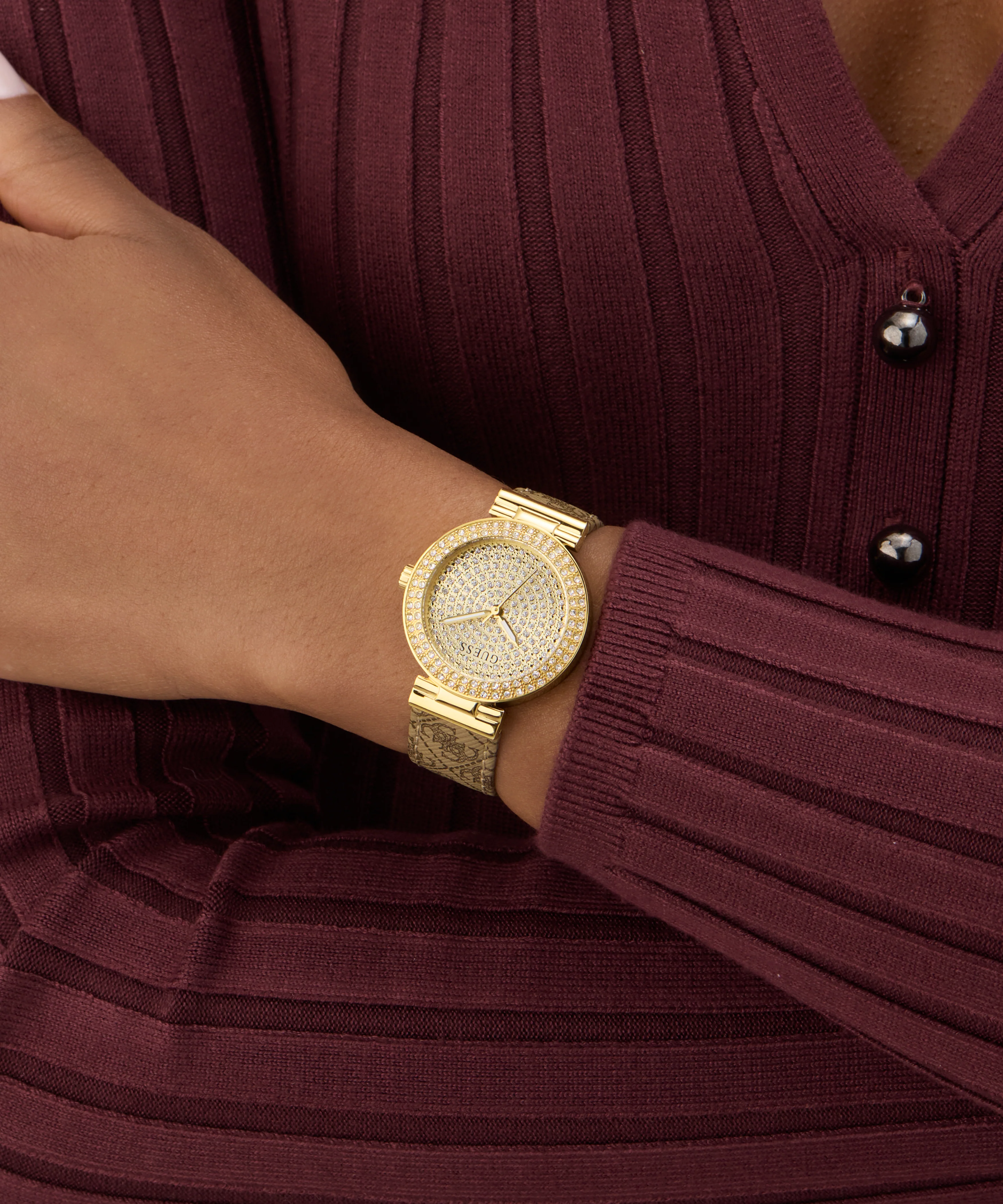 GUESS Ladies Beige Gold Tone Analog Watch - Image 2