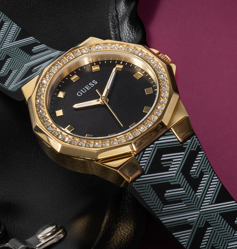 GUESS Ladies Black Gold Tone Analog Watch - Image 6