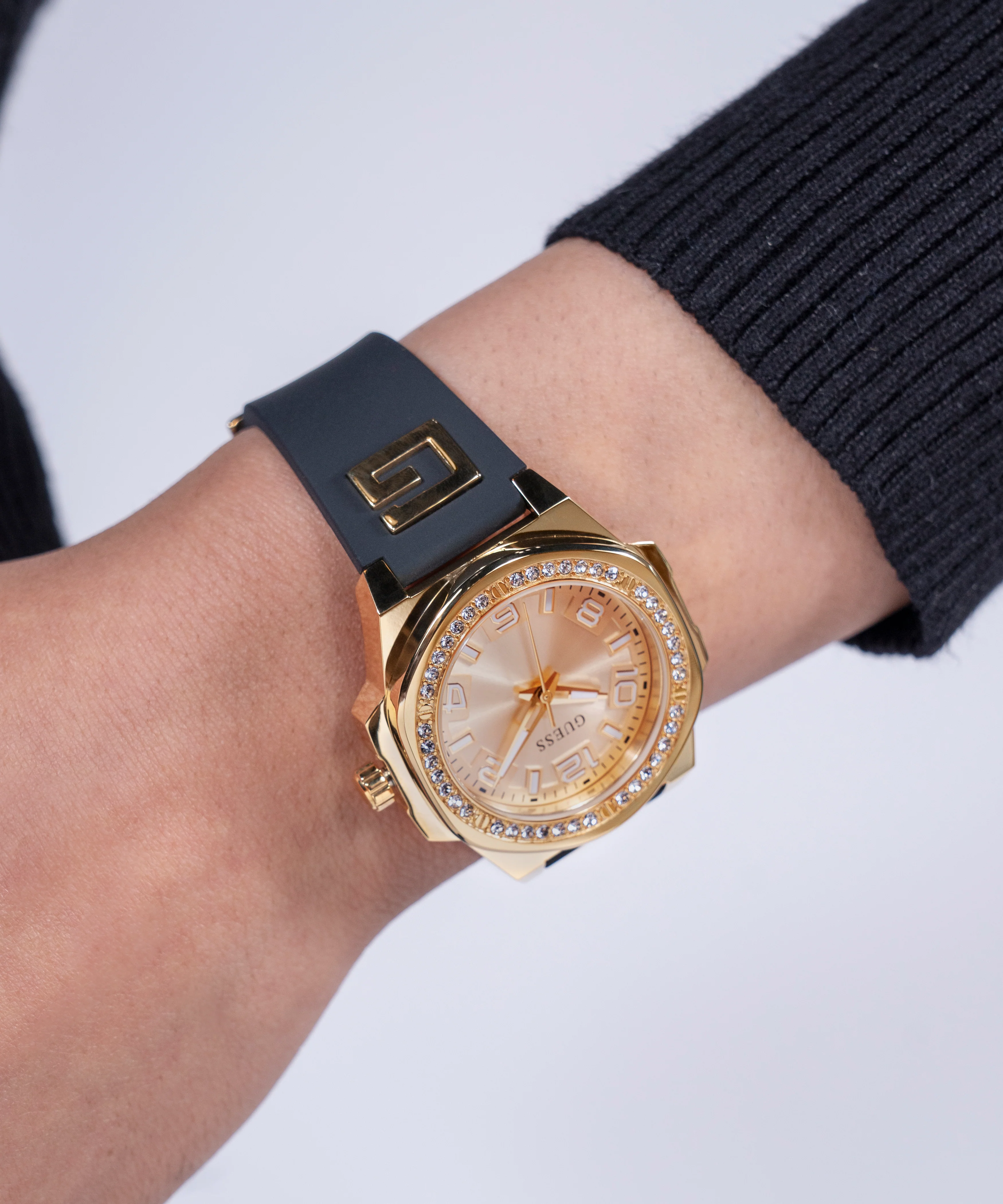 GUESS Ladies Black Gold Tone Analog Watch - Image 3
