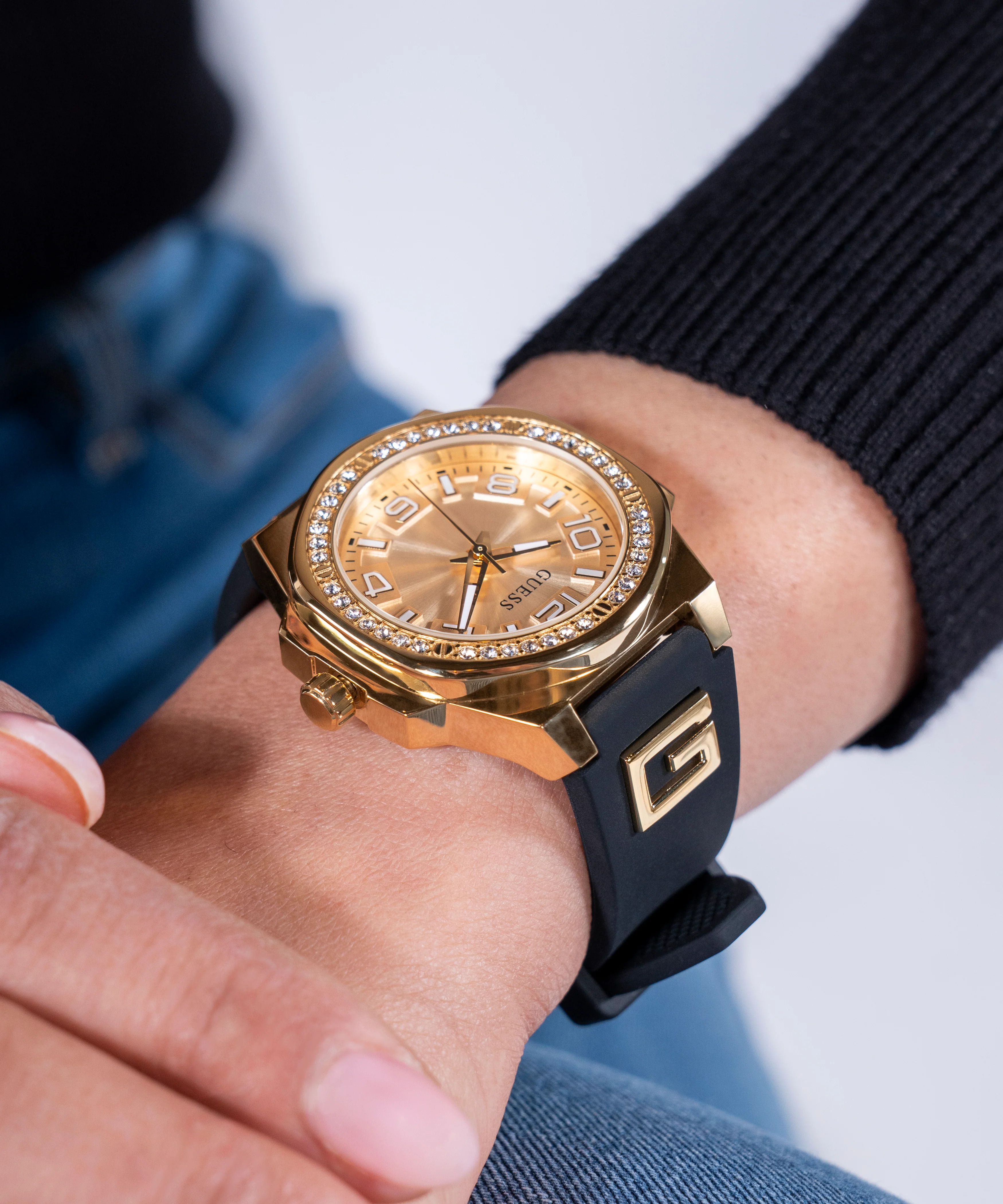 GUESS Ladies Black Gold Tone Analog Watch - Image 5