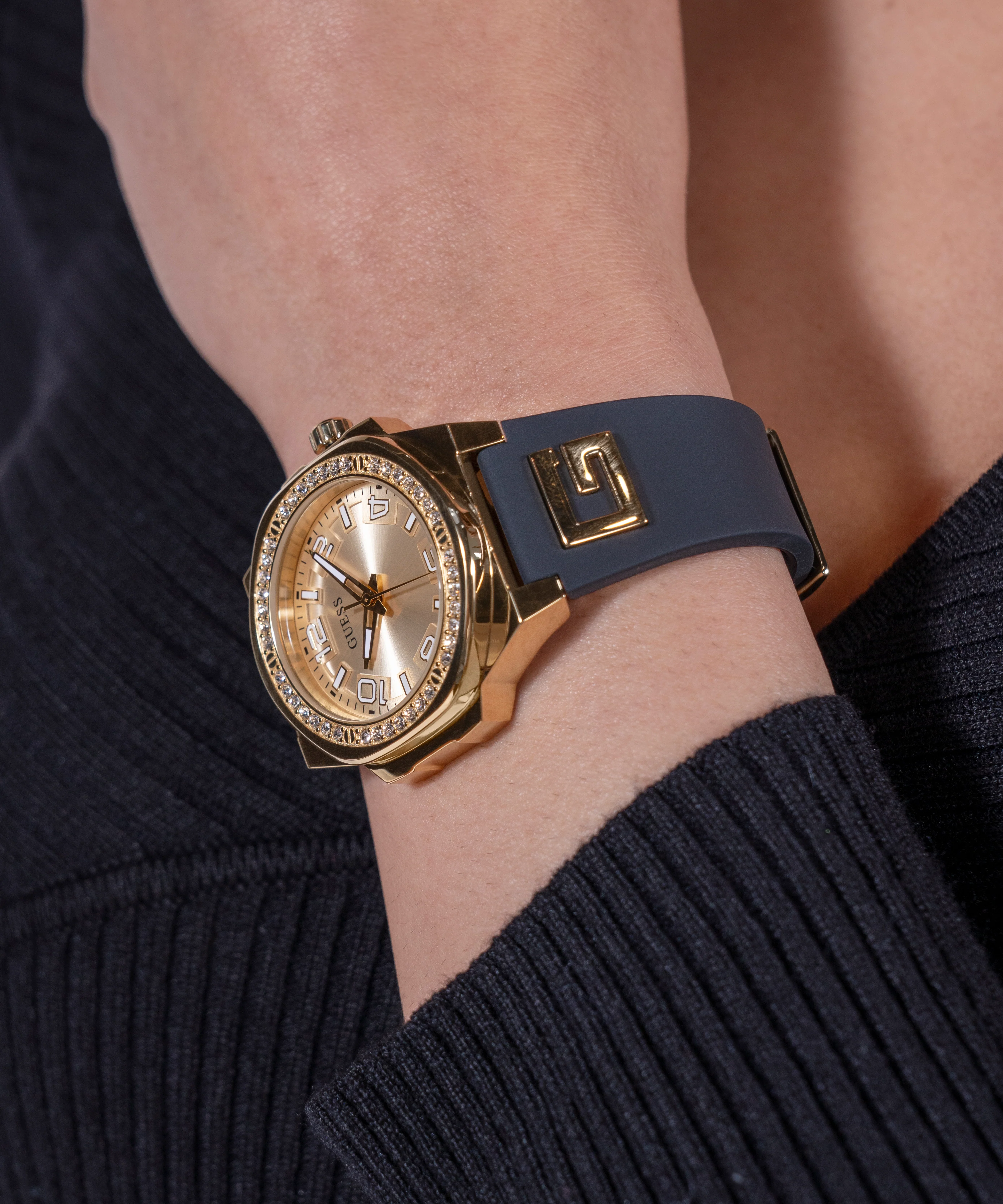 GUESS Ladies Black Gold Tone Analog Watch - Image 6