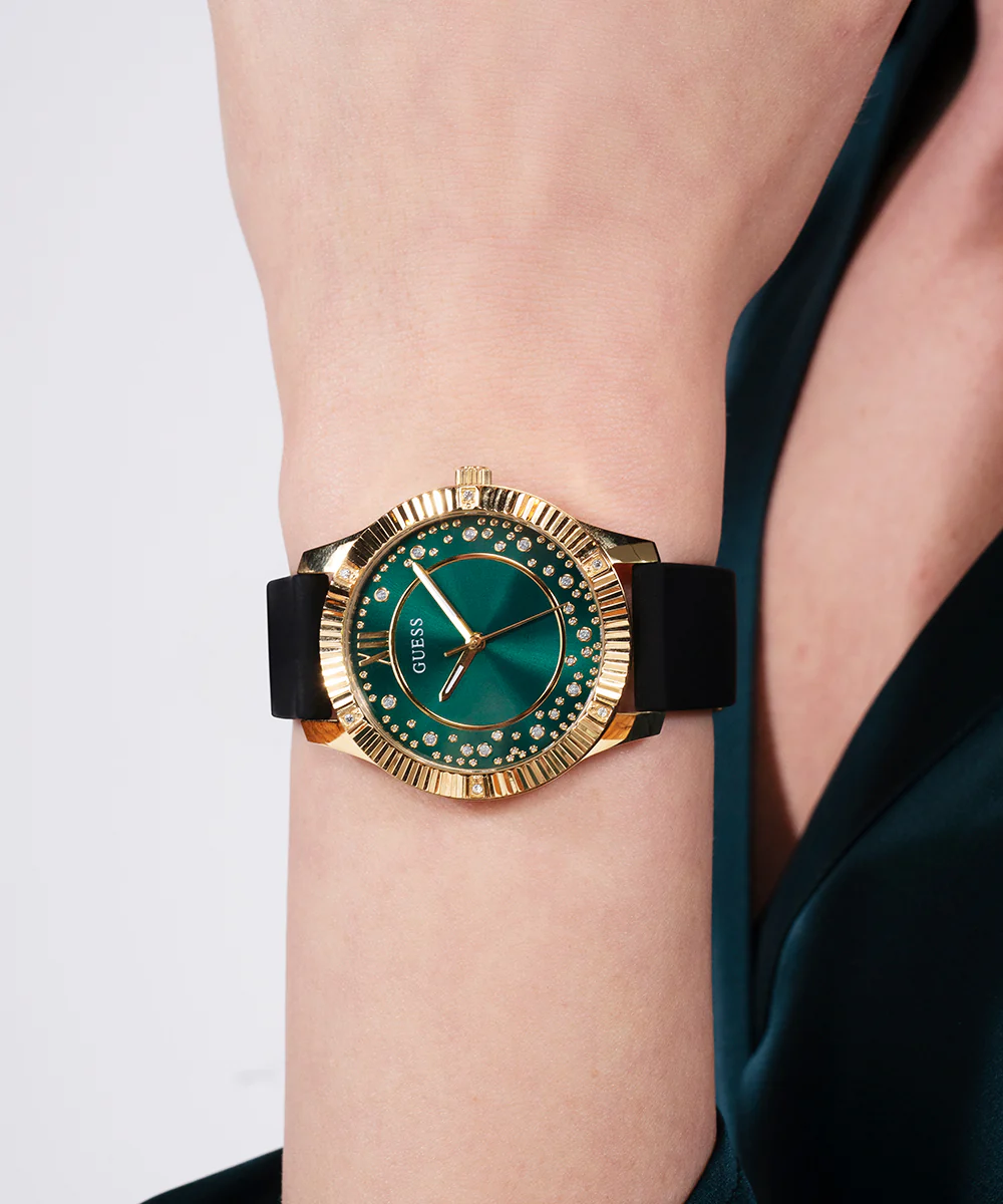 GUESS Ladies Black Gold Tone Analog Watch - Image 5