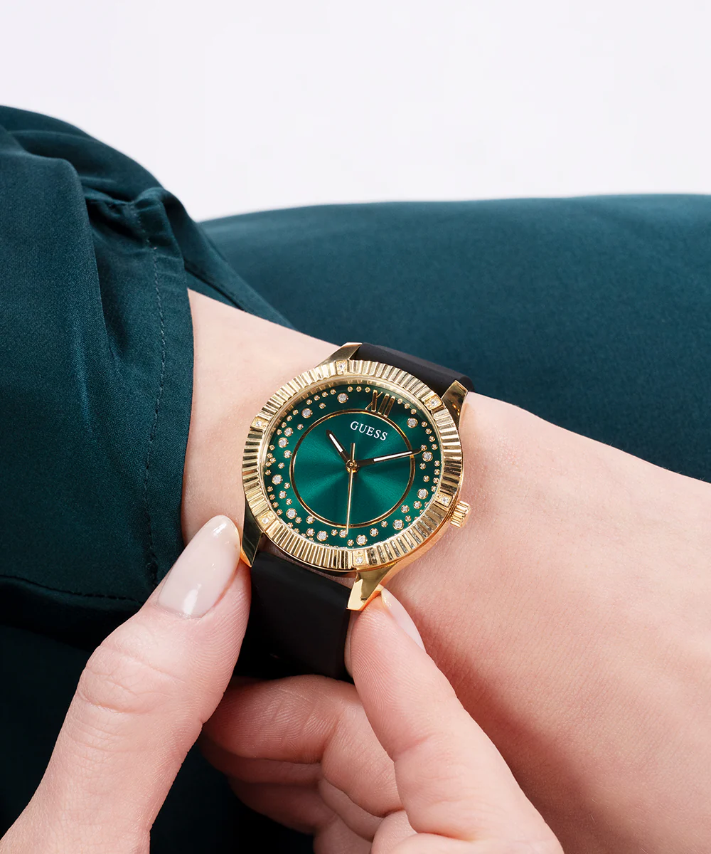 GUESS Ladies Black Gold Tone Analog Watch - Image 6
