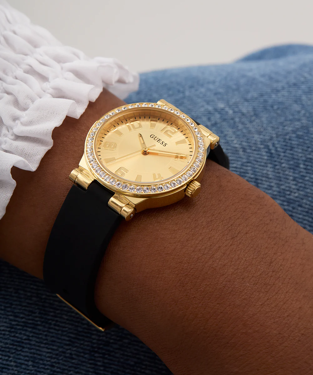 GUESS Ladies Black Gold Tone Analog Watch - Image 5
