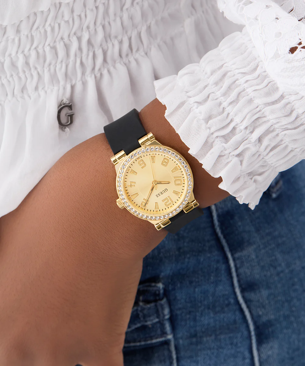 GUESS Ladies Black Gold Tone Analog Watch - Image 6
