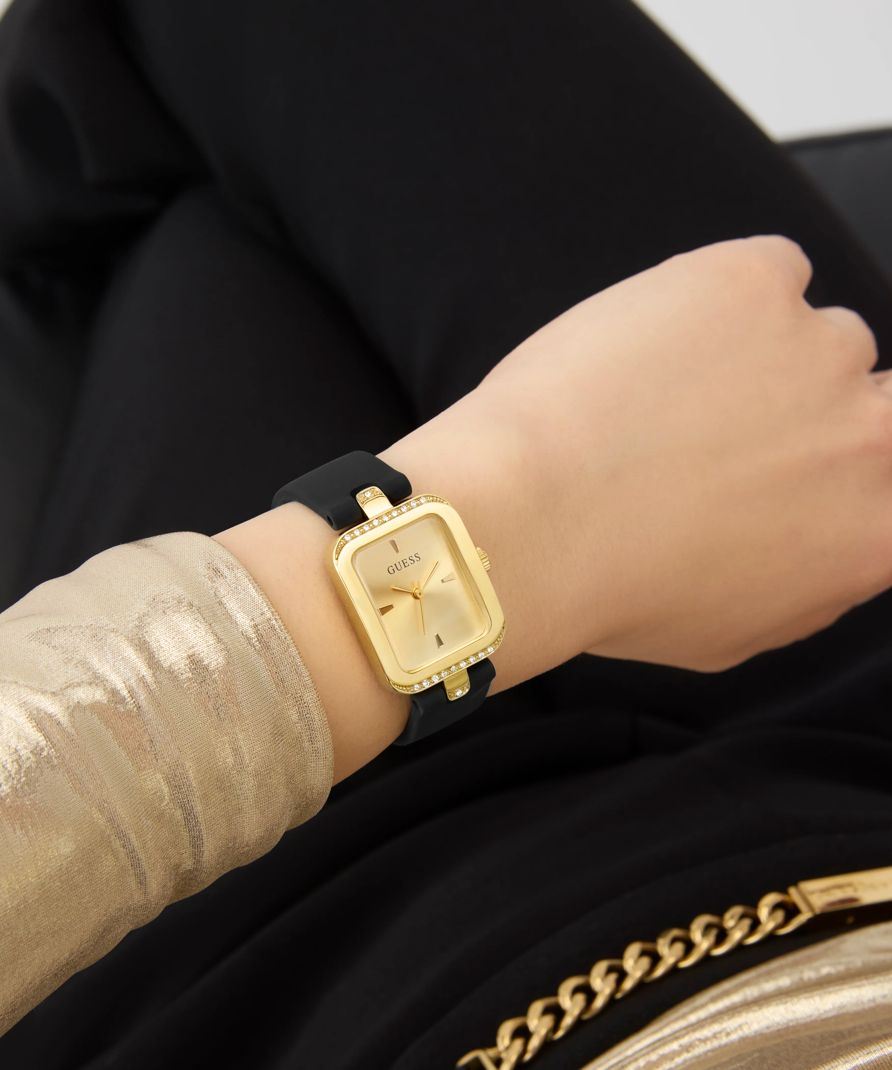 GUESS Ladies Black Gold Tone Analog Watch - Image 4