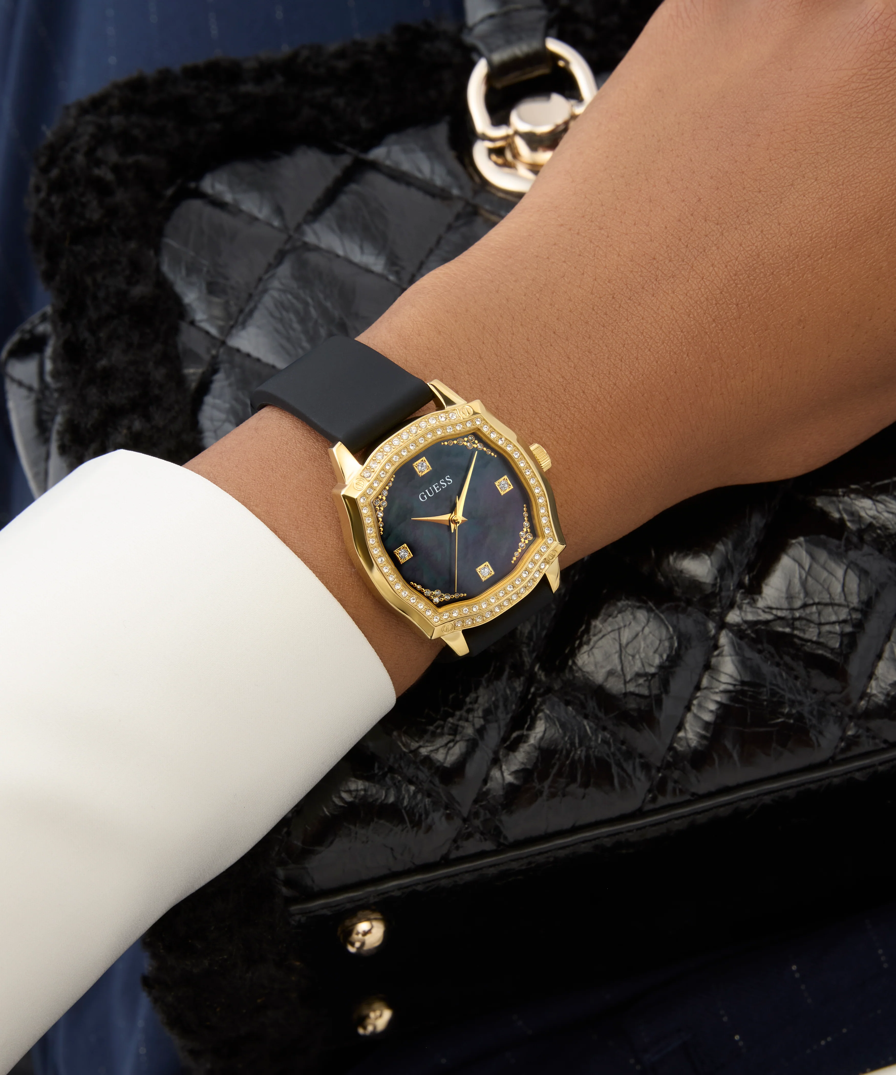GUESS Ladies Black Gold Tone Analog Watch - Image 5