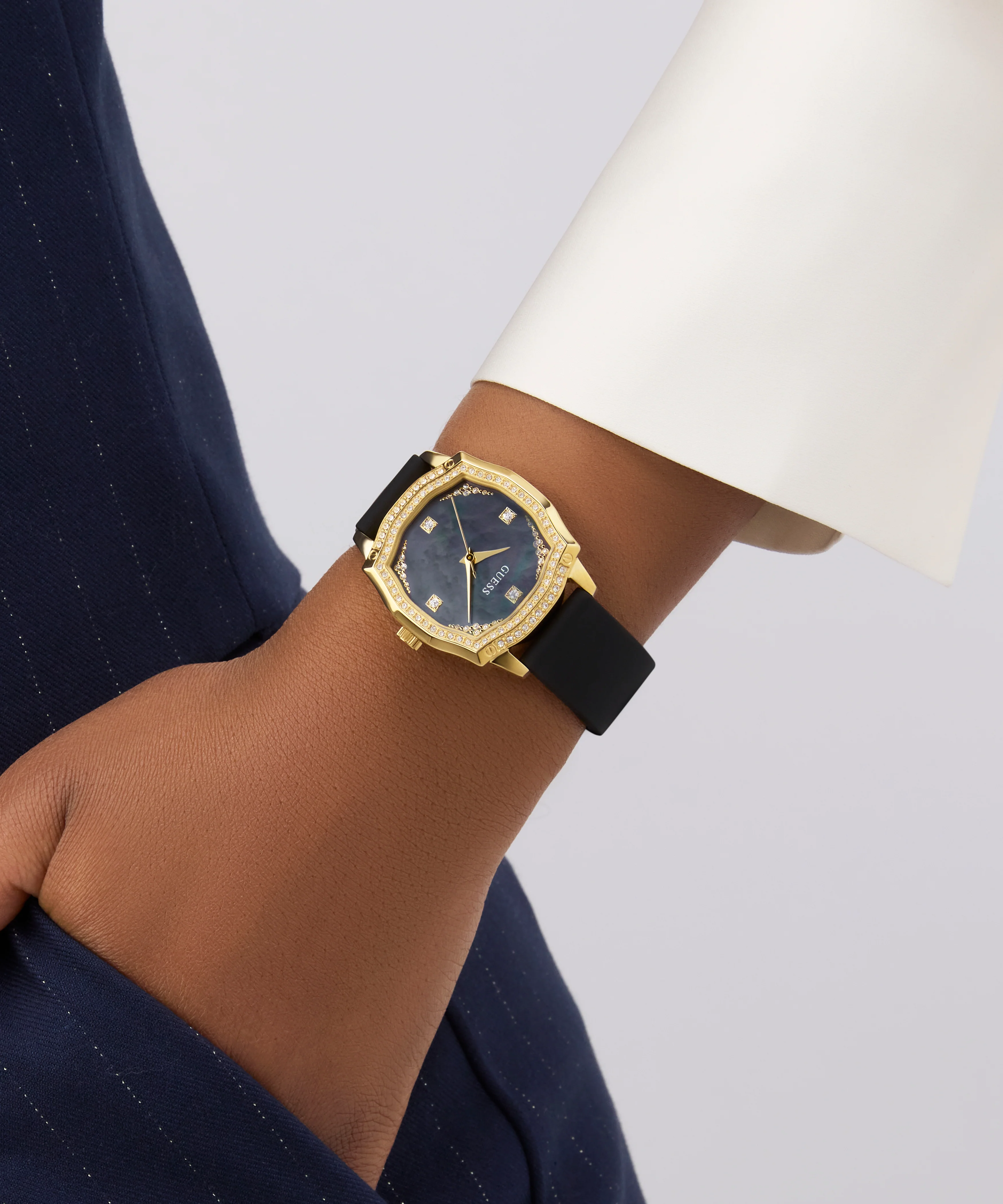 GUESS Ladies Black Gold Tone Analog Watch - Image 6