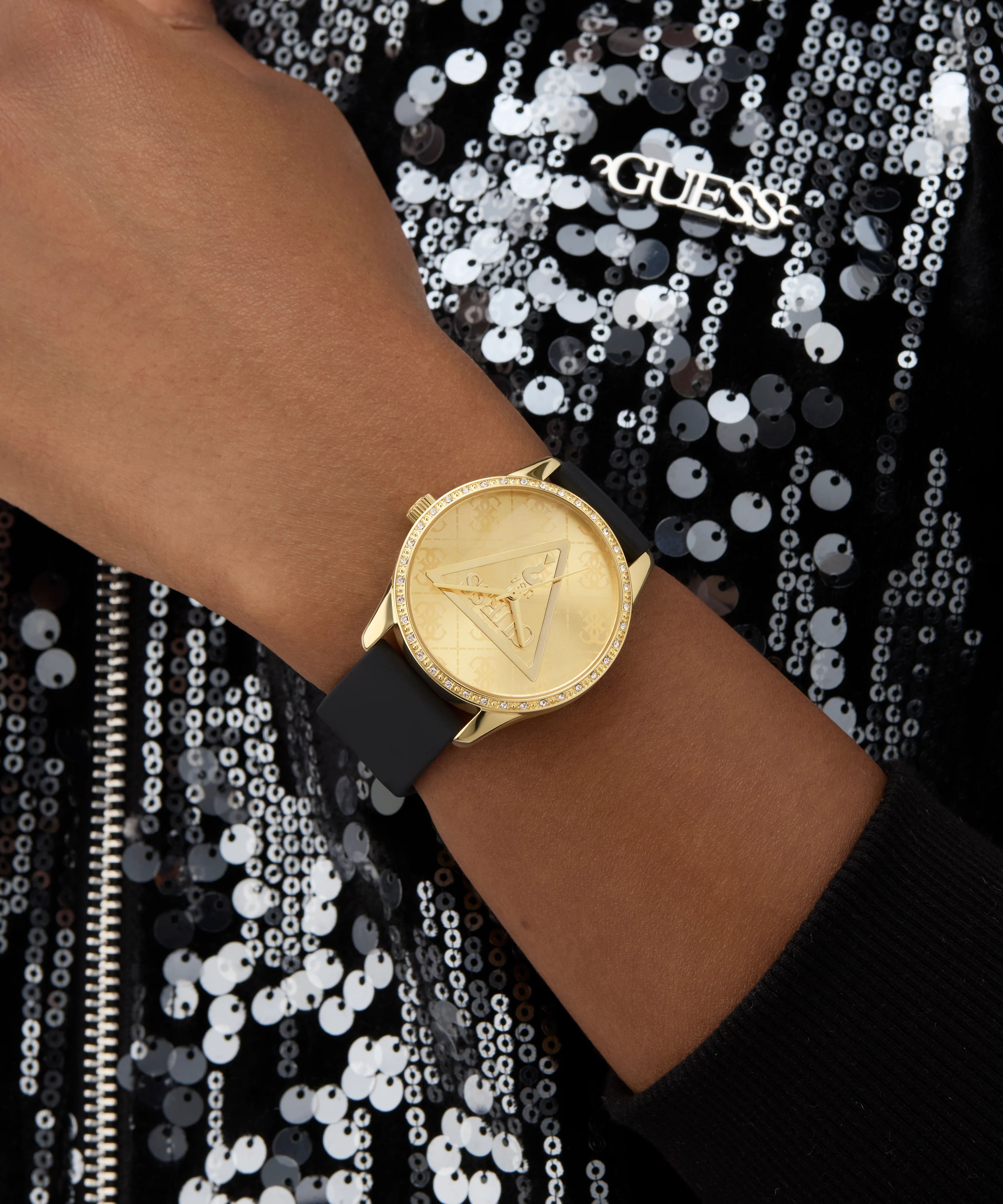 GUESS Ladies Black Gold Tone Analog Watch - Image 5