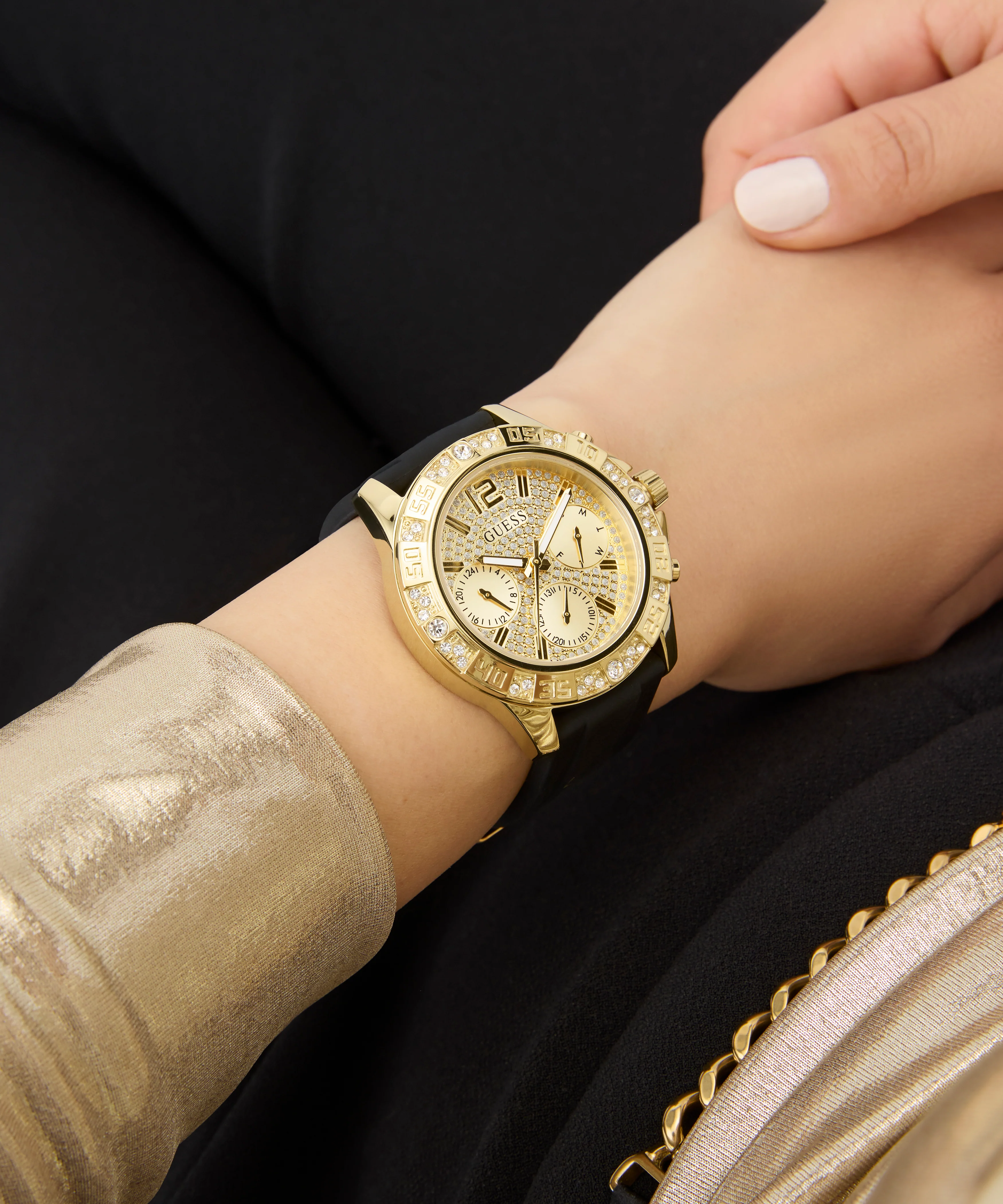 GUESS Ladies Black Gold Tone Multi-function Watch - Image 7
