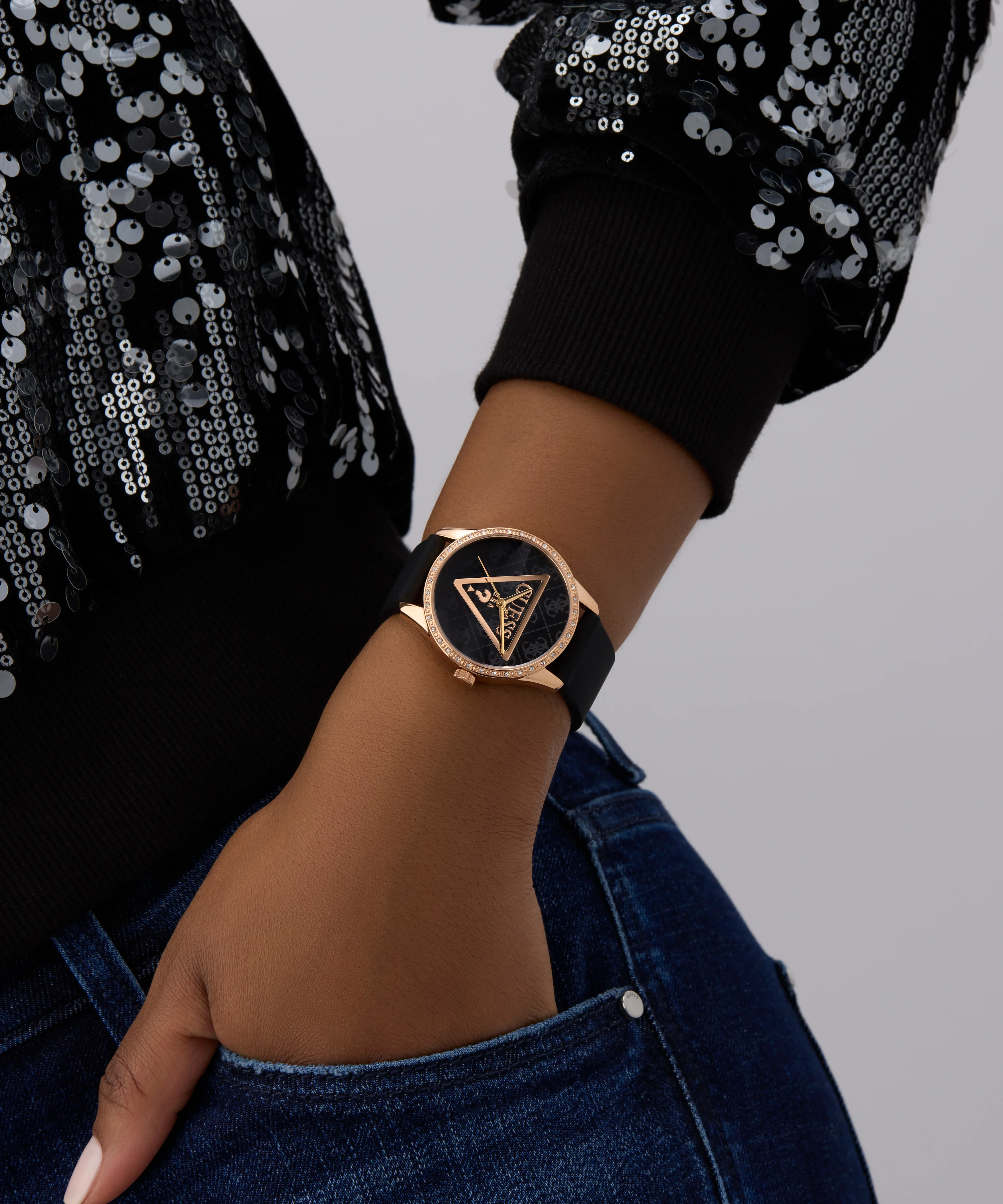 GUESS Ladies Black Rose Gold Tone Analog Watch - Image 4