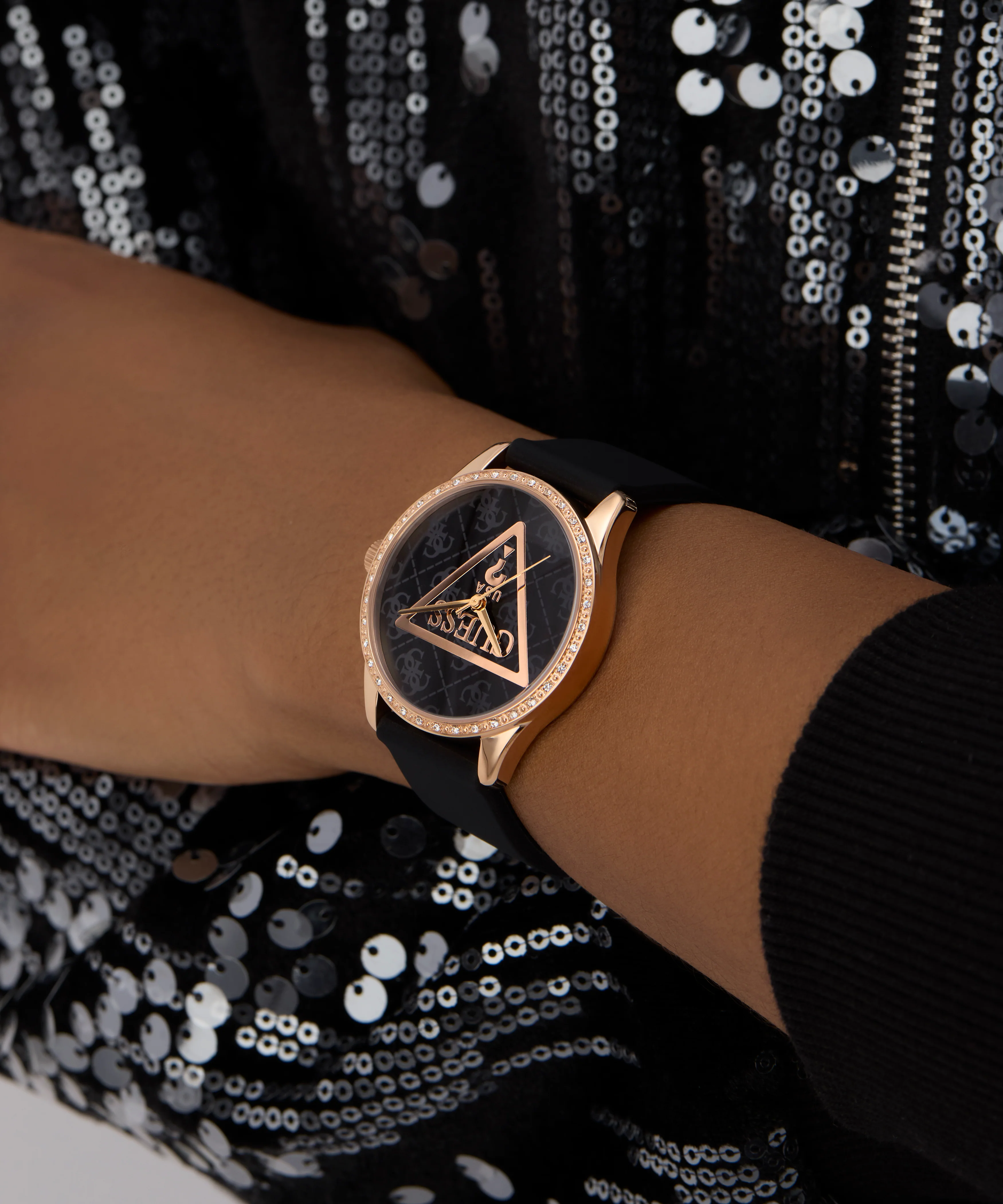 GUESS Ladies Black Rose Gold Tone Analog Watch - Image 5