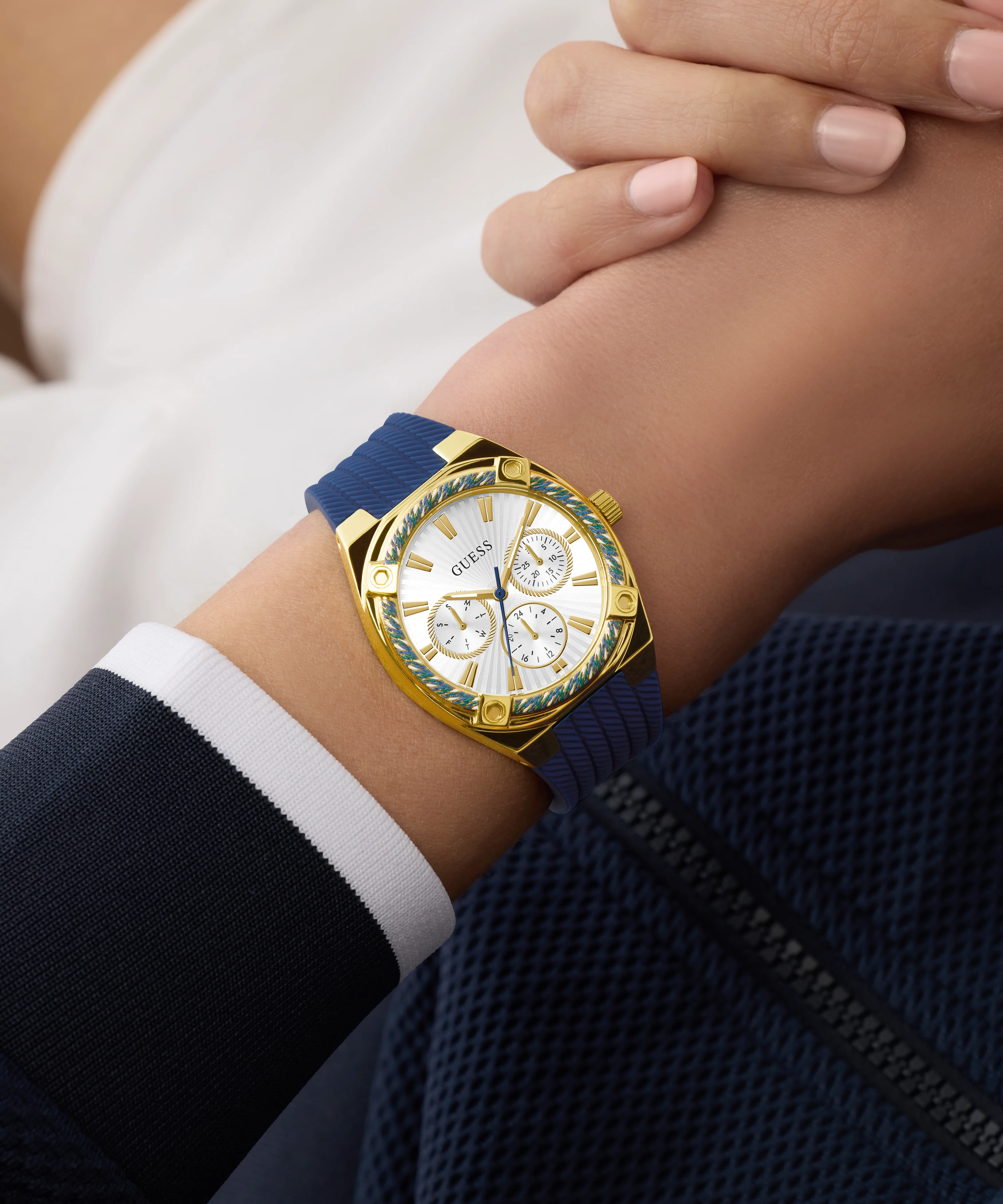 GUESS Ladies Blue Gold Tone Analog Watch - Image 6