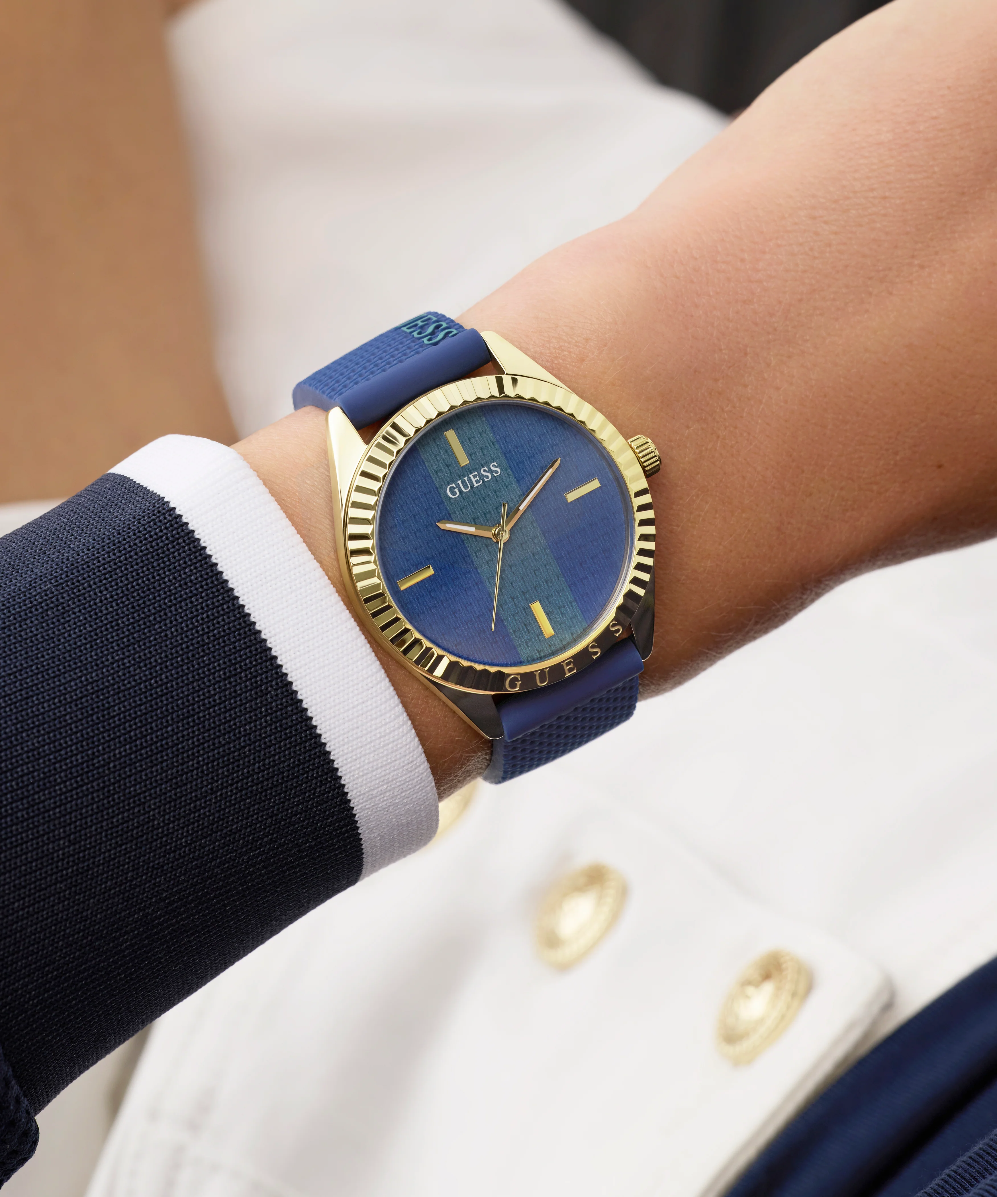 GUESS Ladies Blue Gold Tone Analog Watch - Image 5