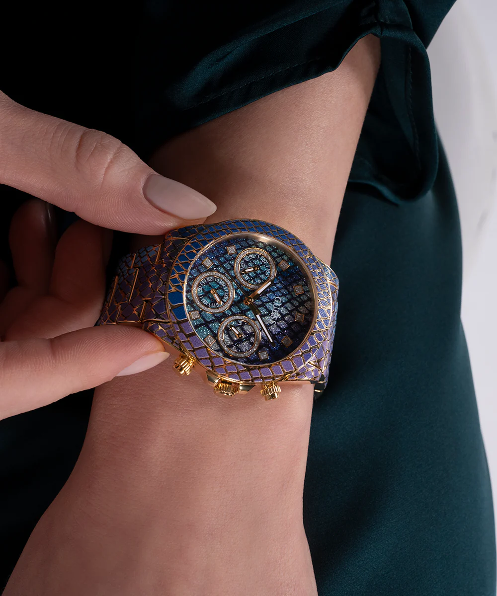 GUESS Ladies Blue Purple Gold Tone Multi-function Watch - Image 5
