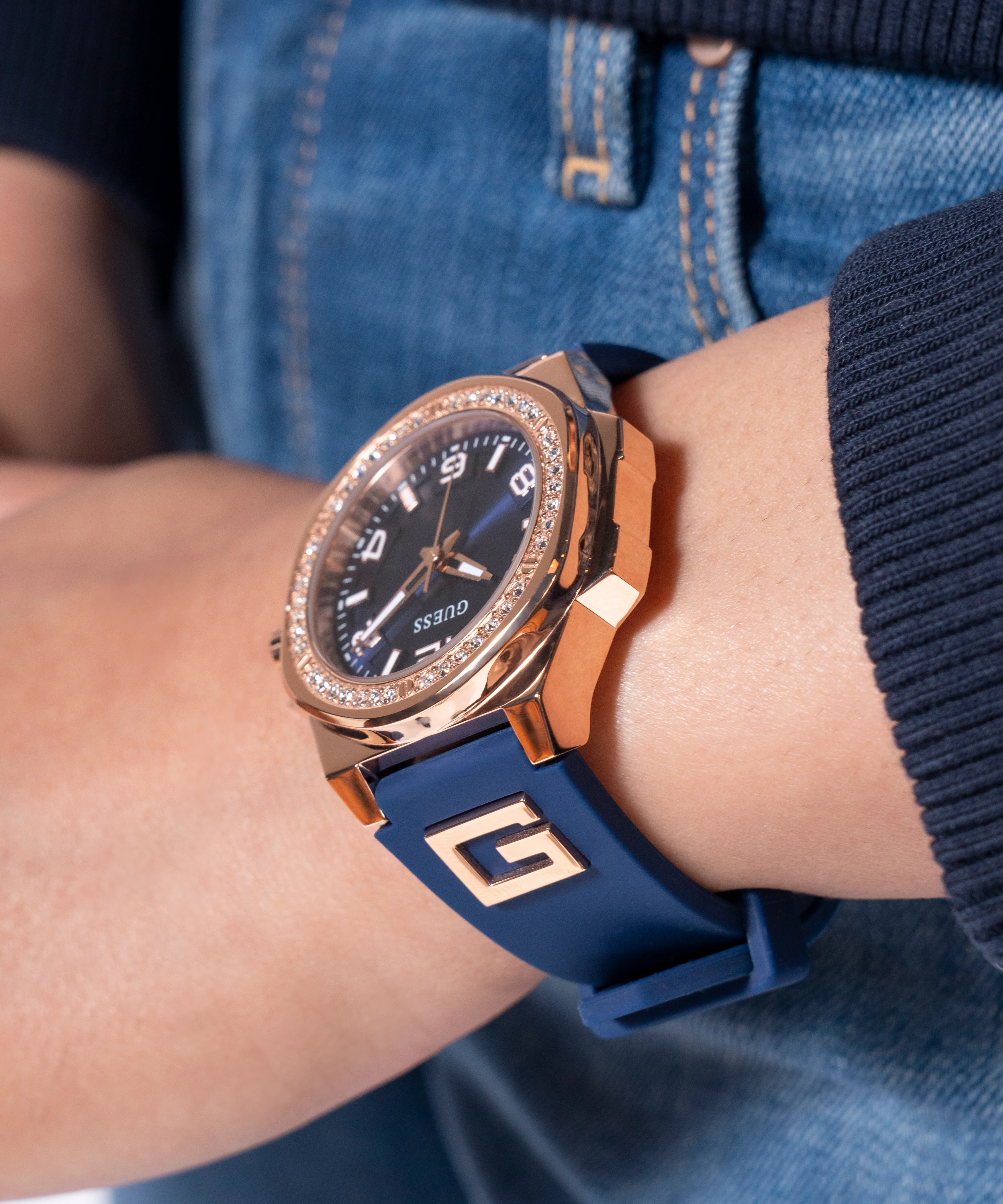 GUESS Ladies Blue Rose Gold Tone Analog Watch - Image 5