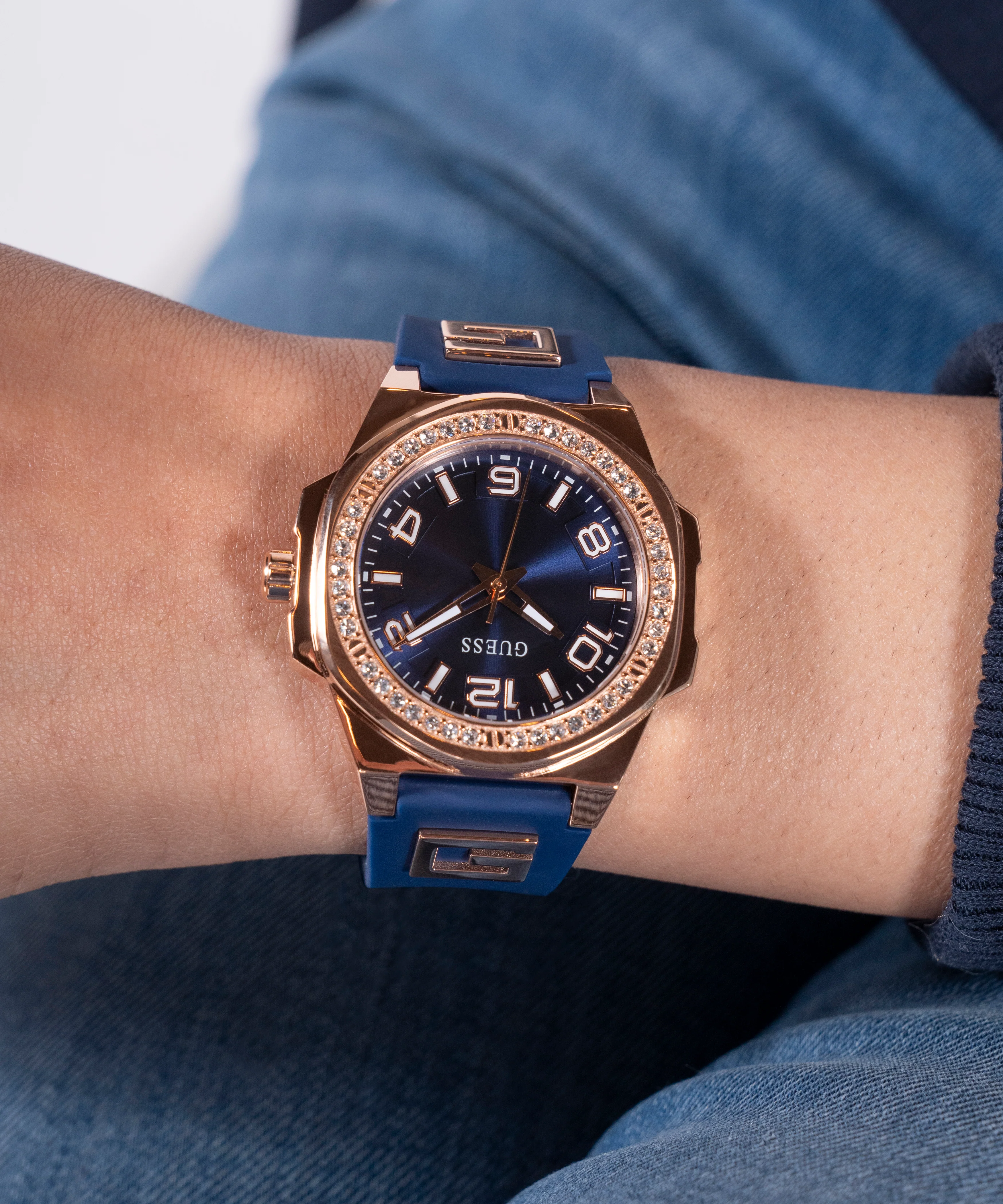 GUESS Ladies Blue Rose Gold Tone Analog Watch - Image 6
