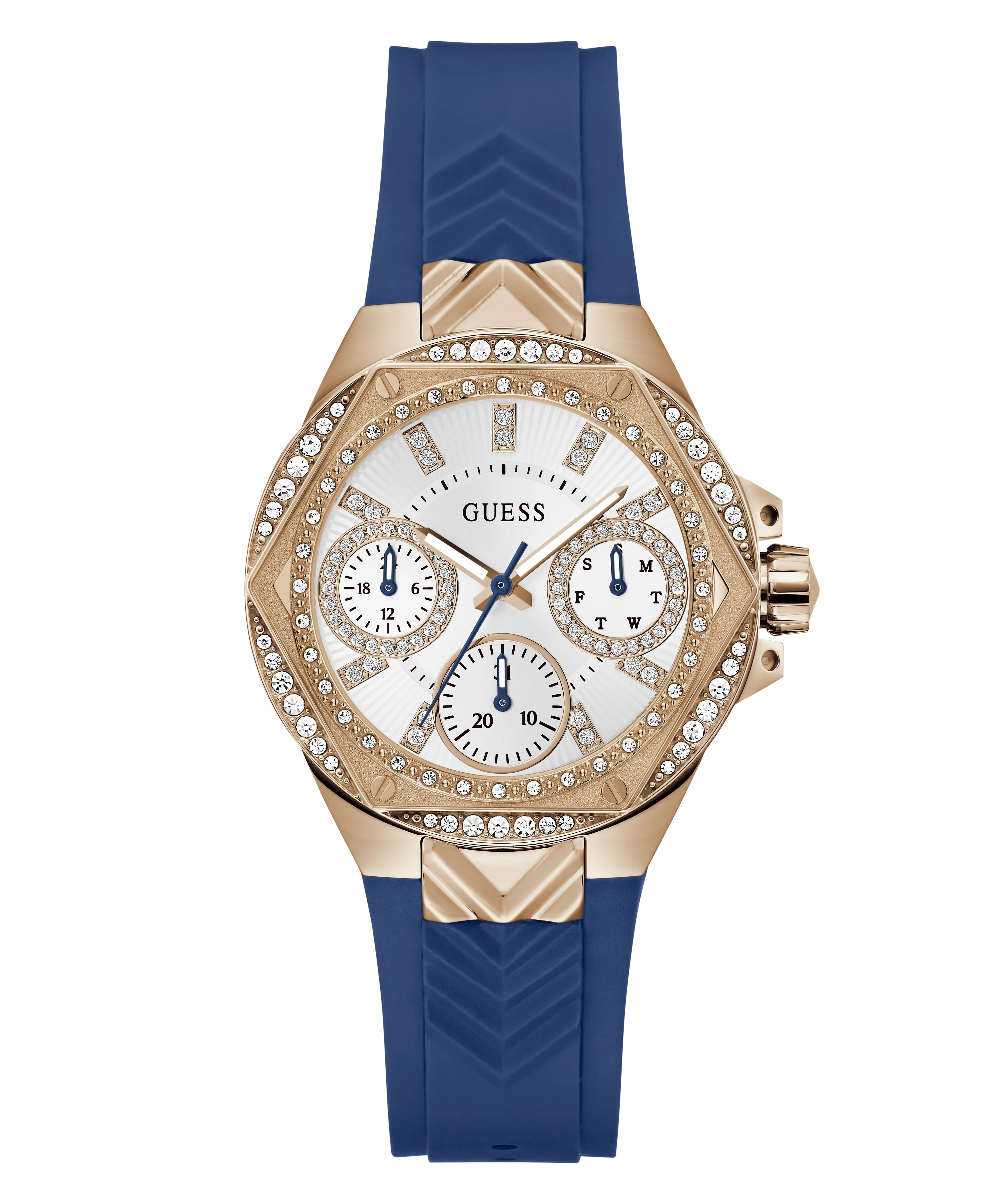 GUESS Ladies Blue Rose Gold Tone Multi-function Watch - Image 4
