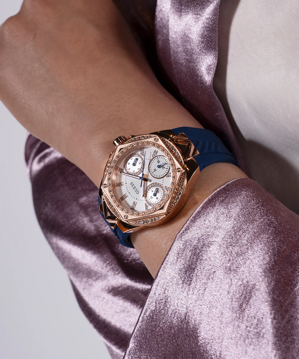 GUESS Ladies Blue Rose Gold Tone Multi-function Watch - Image 5