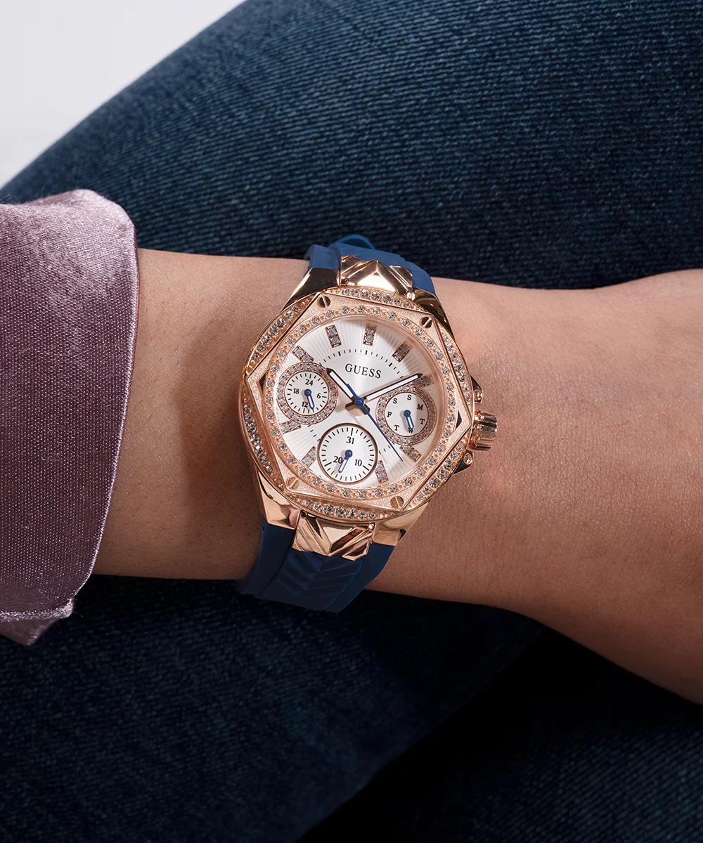 GUESS Ladies Blue Rose Gold Tone Multi-function Watch - Image 6