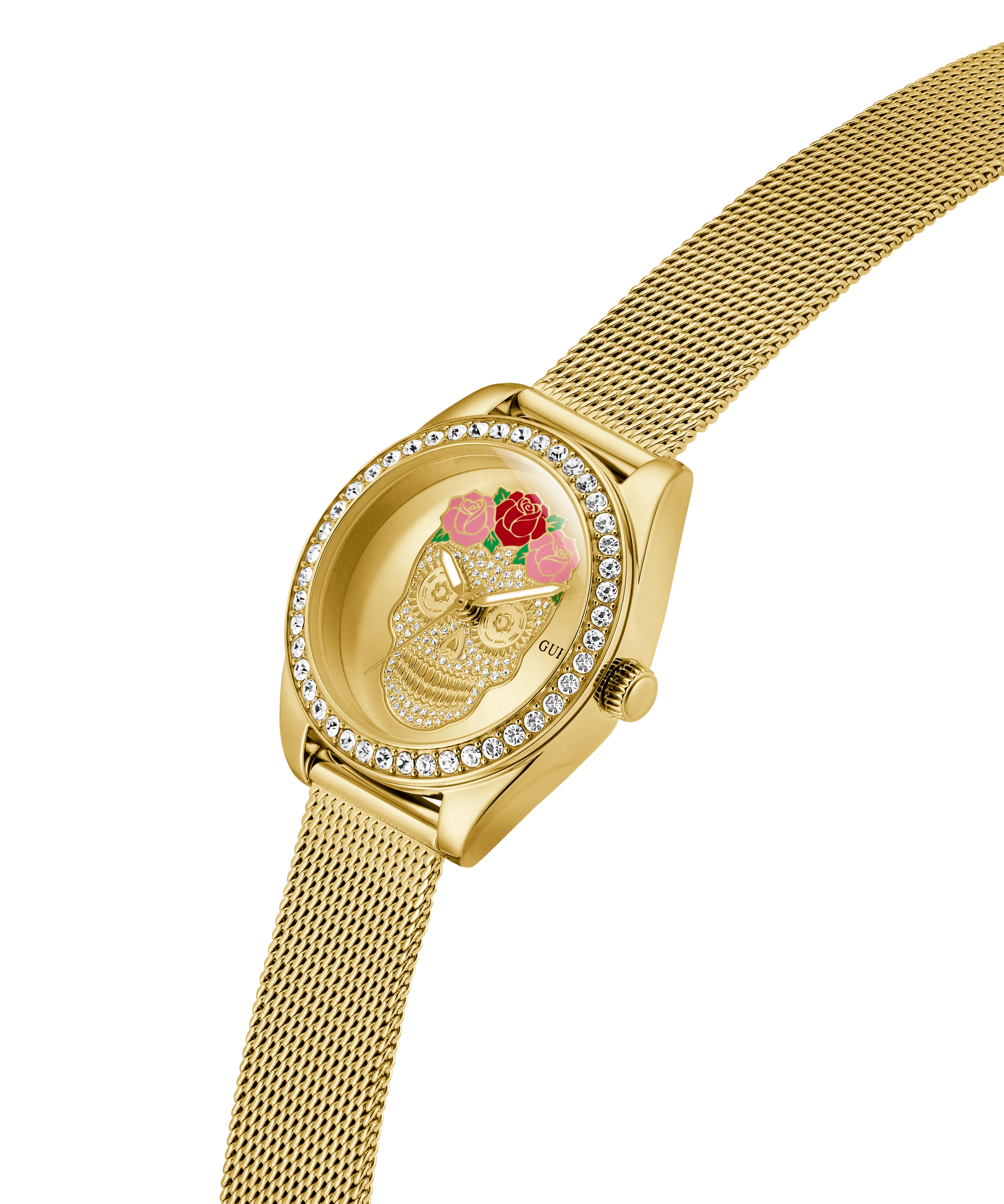 GUESS Ladies Day Of The Dead Gold Tone Analog Watch - Image 2
