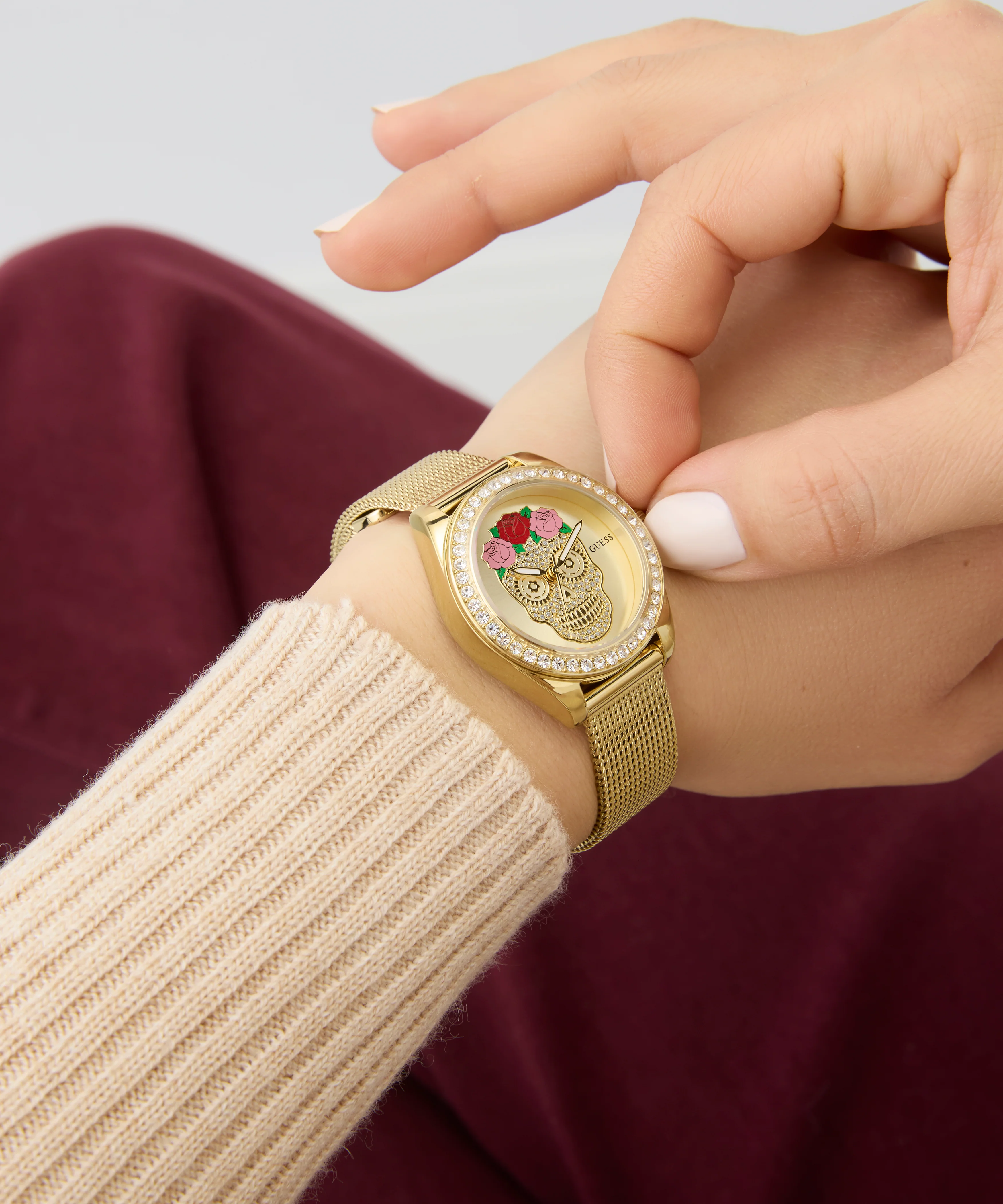 GUESS Ladies Day Of The Dead Gold Tone Analog Watch - Image 3
