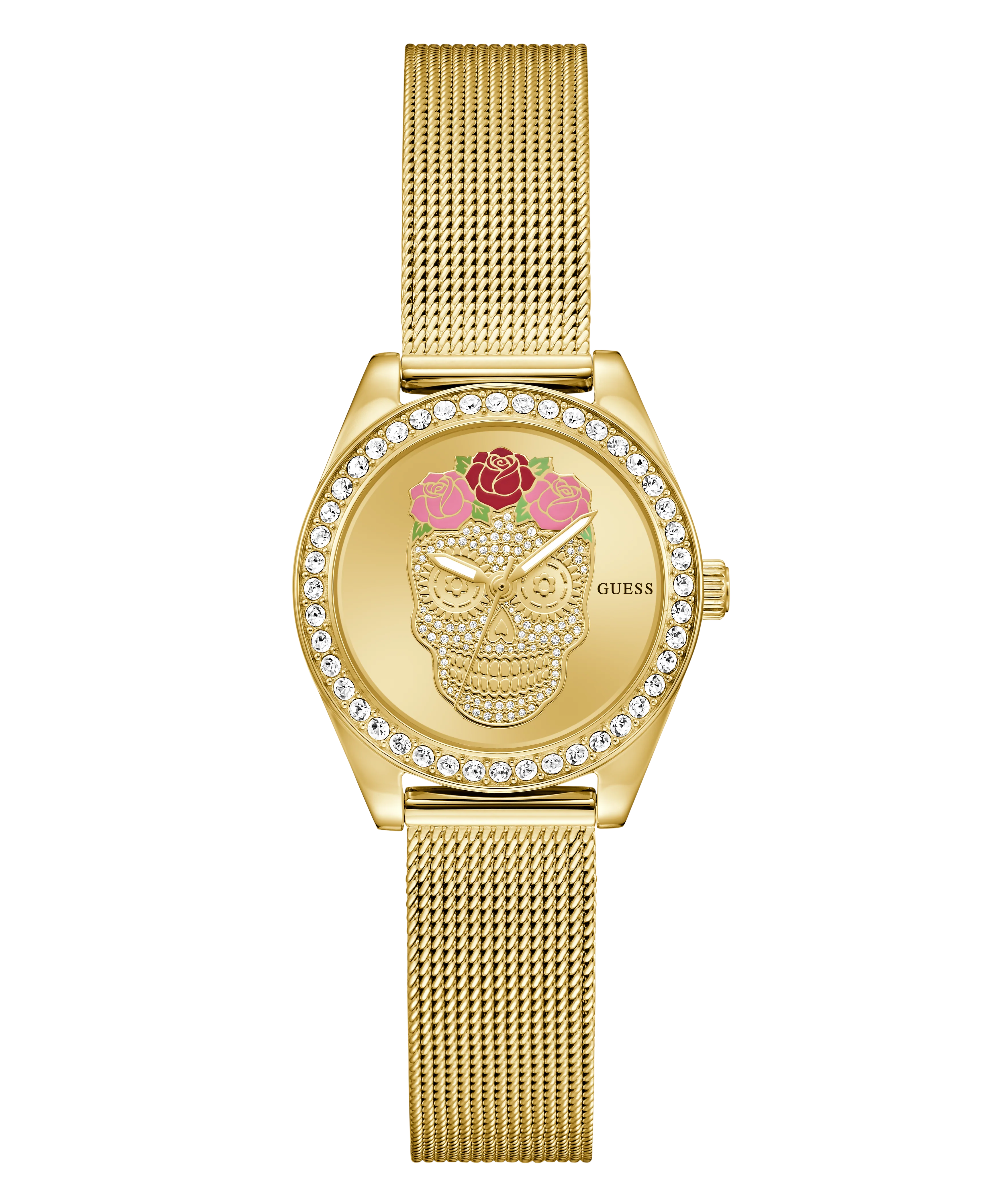 GUESS Ladies Day Of The Dead Gold Tone Analog Watch - Image 4