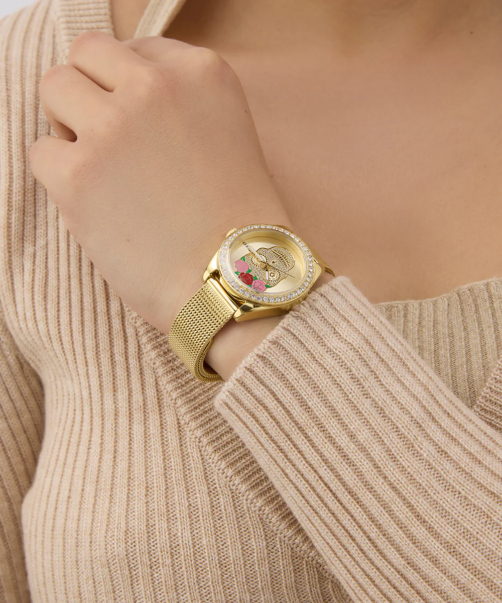 GUESS Ladies Day Of The Dead Gold Tone Analog Watch - Image 5