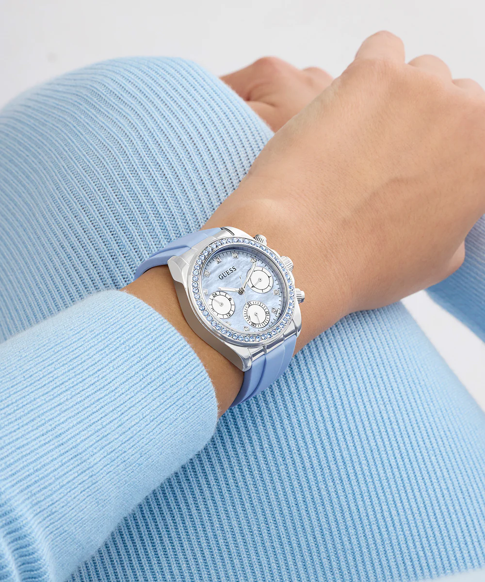 GUESS Ladies Ice Blue Silver Tone Analog Watch with Swarovski ReCreated™ crystals - Image 3