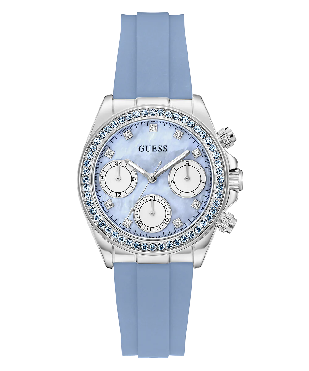 GUESS Ladies Ice Blue Silver Tone Analog Watch with Swarovski ReCreated™ crystals - Image 4