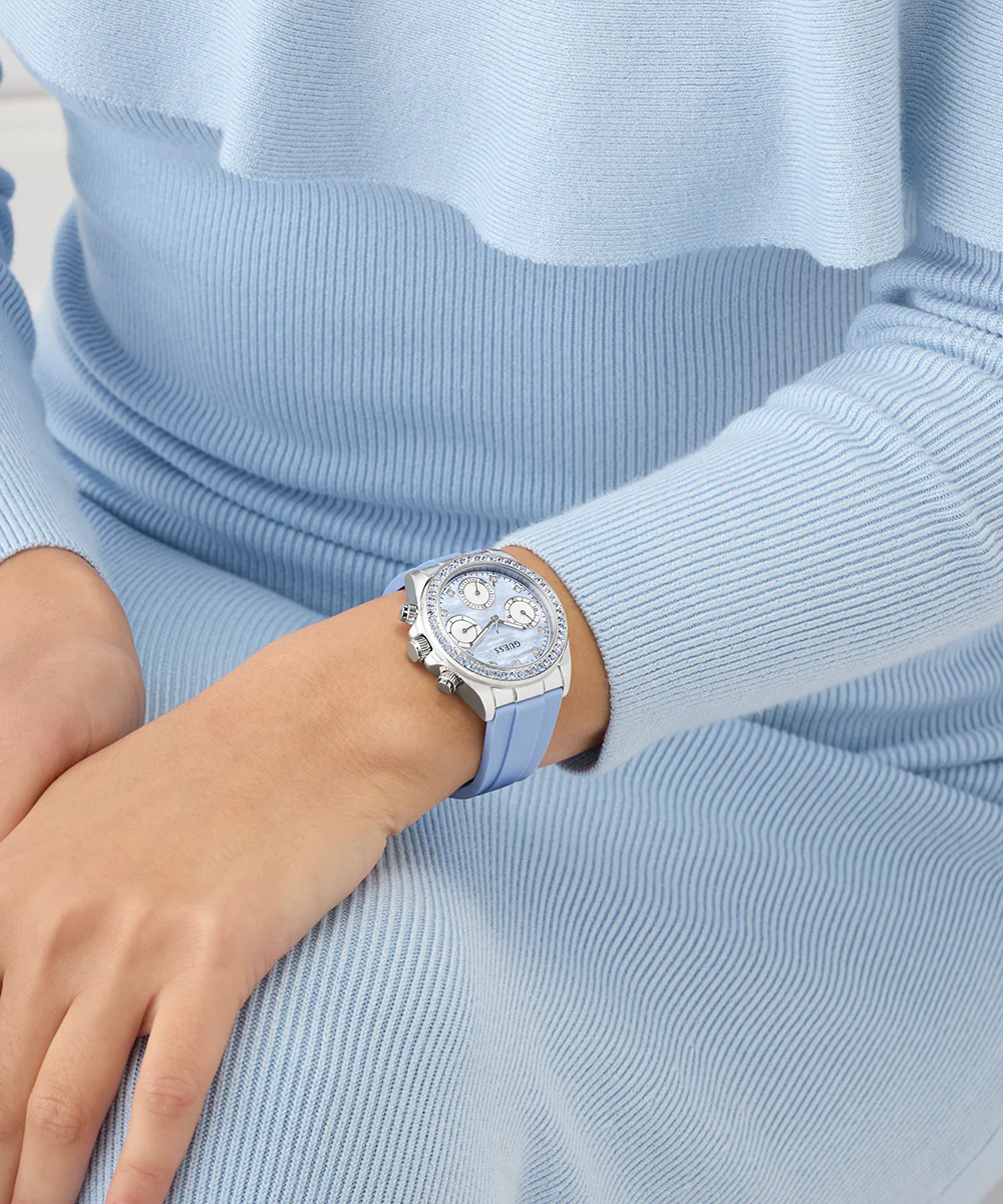 GUESS Ladies Ice Blue Silver Tone Analog Watch with Swarovski ReCreated™ crystals - Image 5
