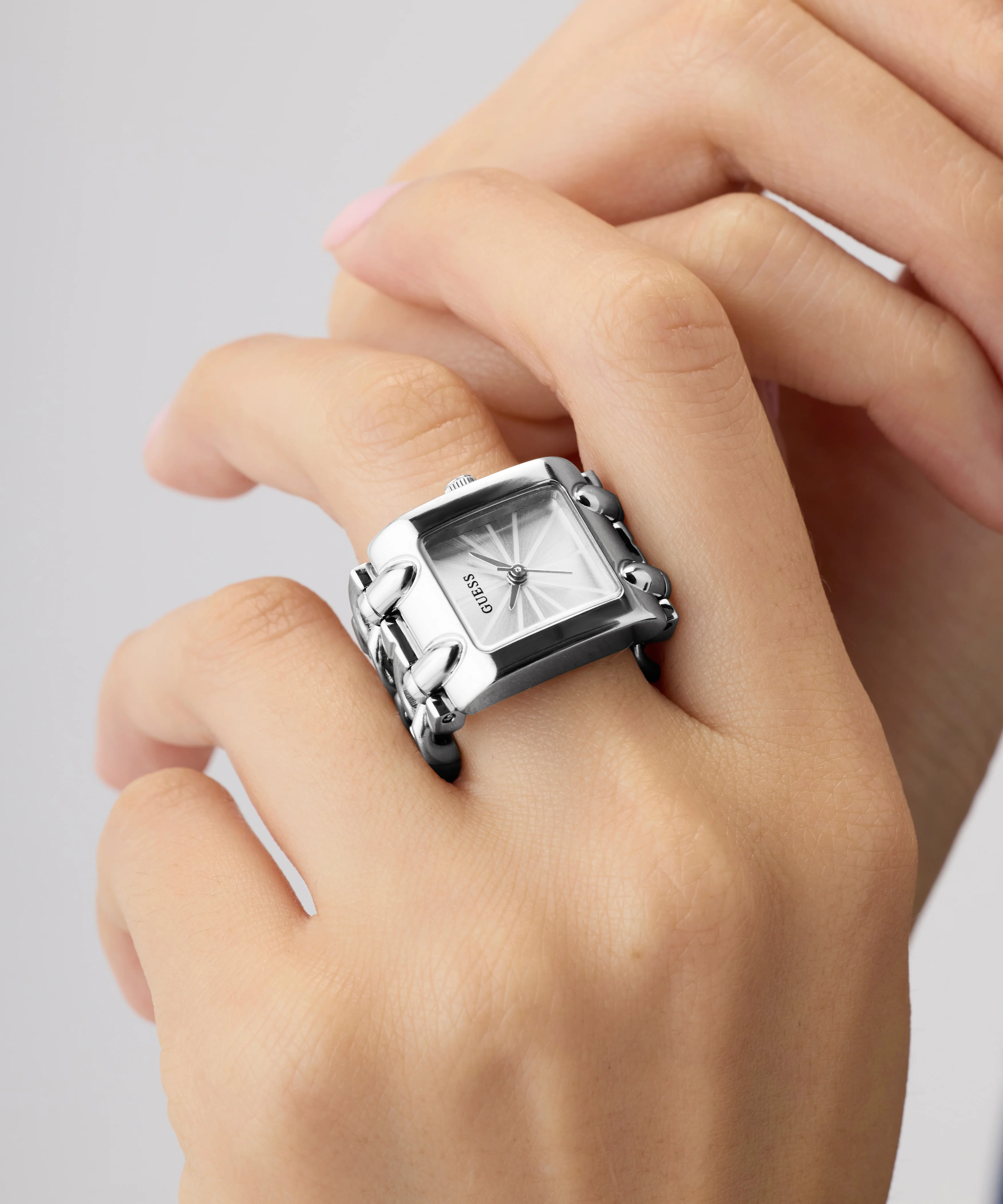 GUESS Ladies Small Mod Heavy Metal Silver Tone Watch Ring - Image 4
