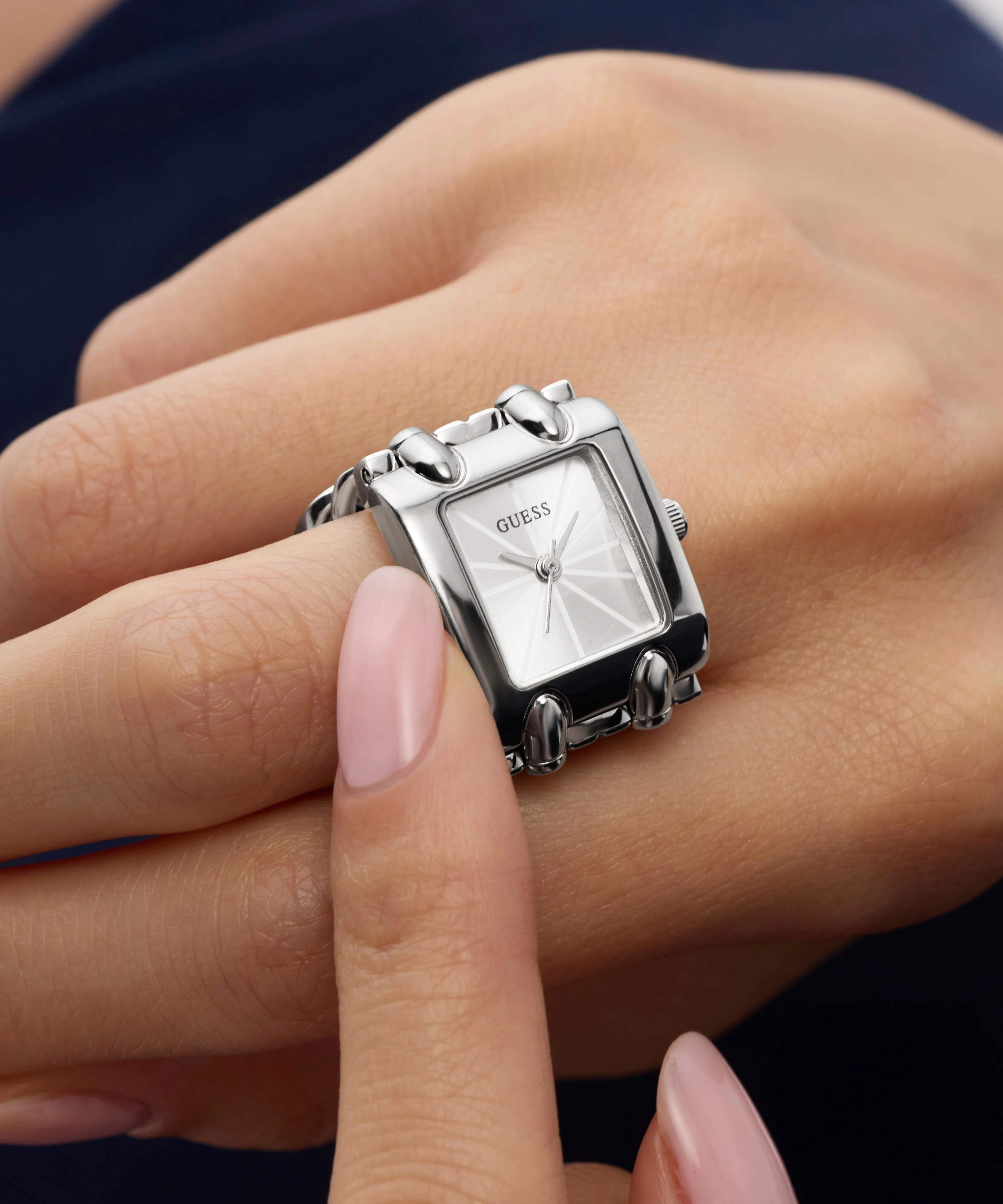GUESS Ladies Small Mod Heavy Metal Silver Tone Watch Ring - Image 5