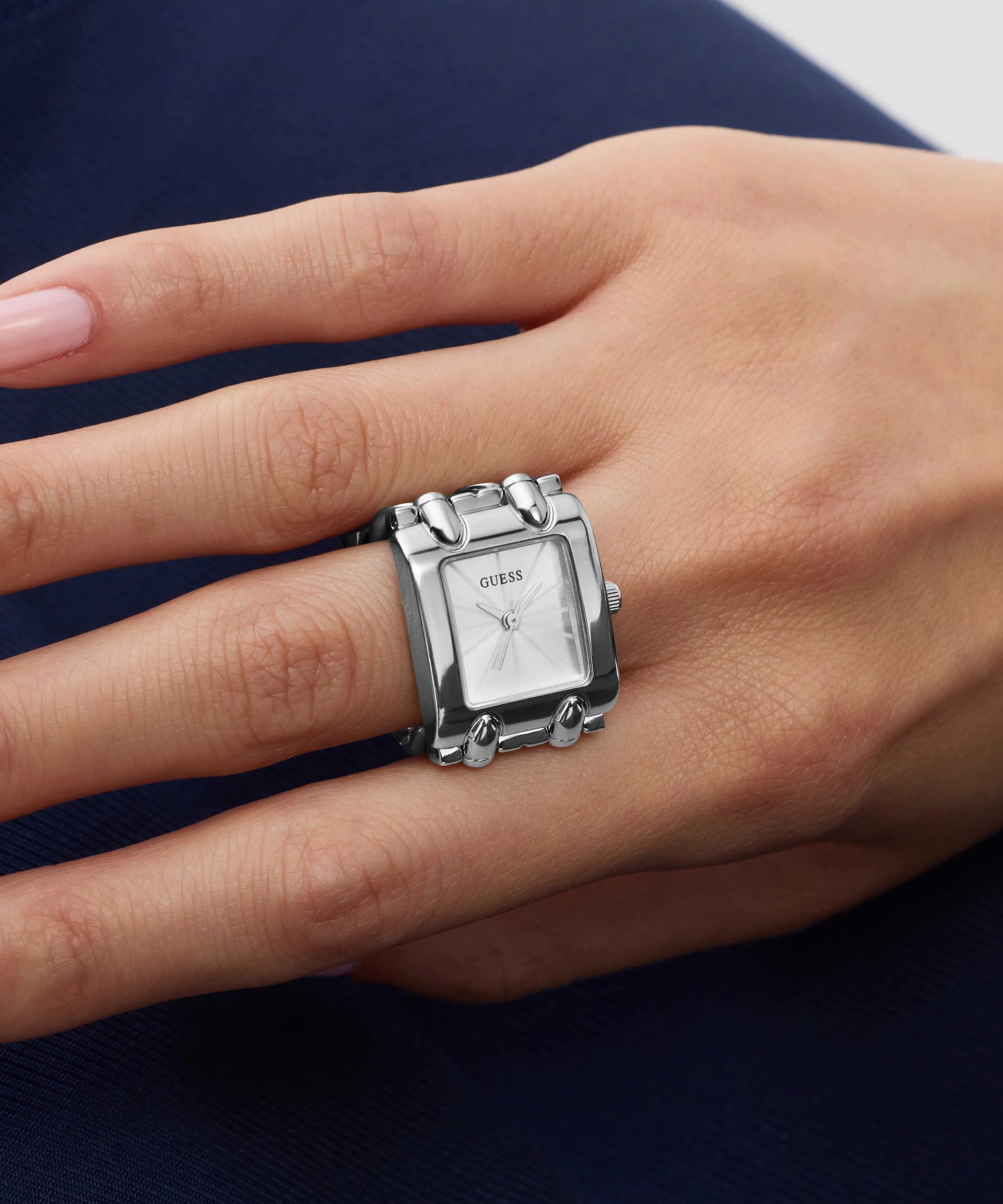 GUESS Ladies Small Mod Heavy Metal Silver Tone Watch Ring - Image 3