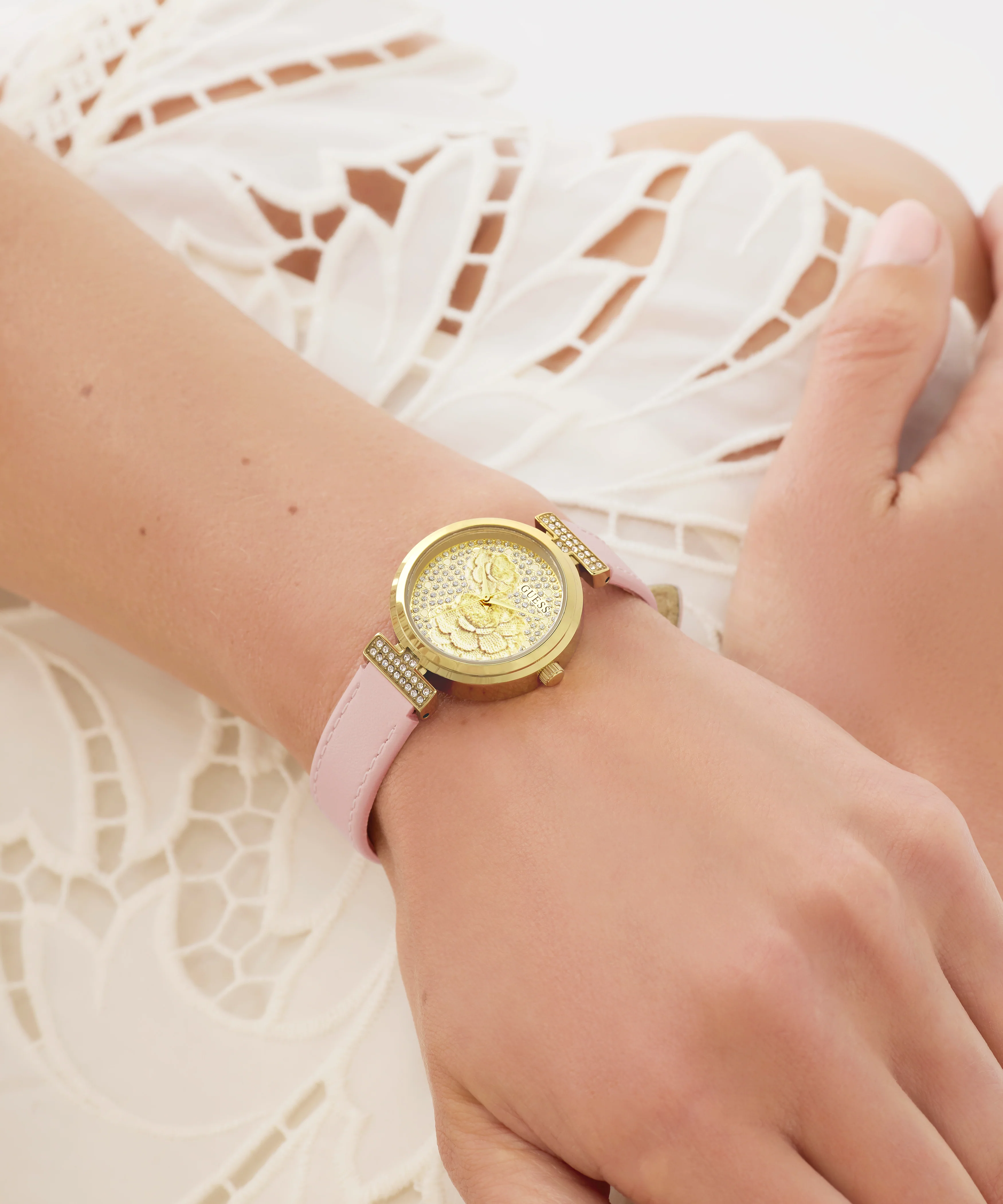 GUESS Ladies Light Pink Gold Tone Analog Watch - Image 5