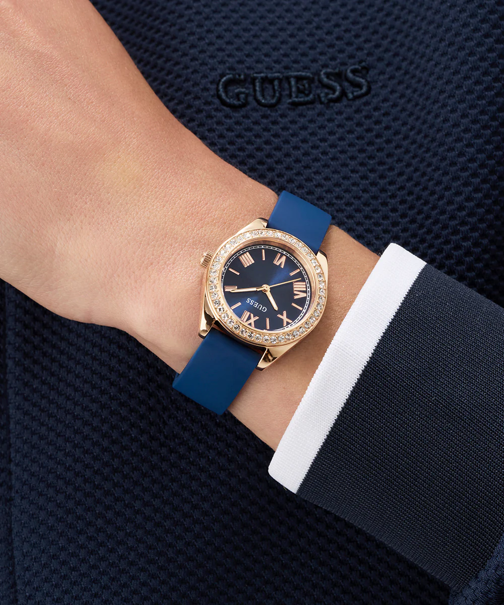 GUESS Ladies Mini Luna Blue Rose Gold Tone Analog Watch - Image 2