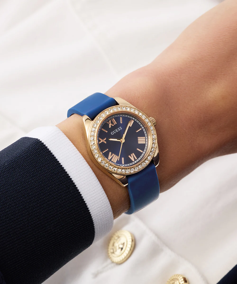 GUESS Ladies Mini Luna Blue Rose Gold Tone Analog Watch - Image 5