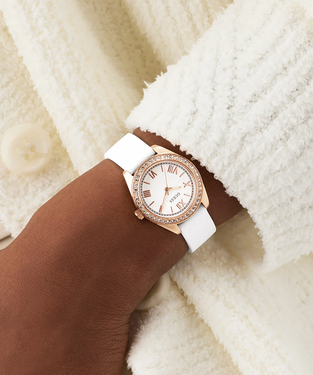 GUESS Ladies Mini Luna White Rose Gold Tone Analog Watch - Image 5