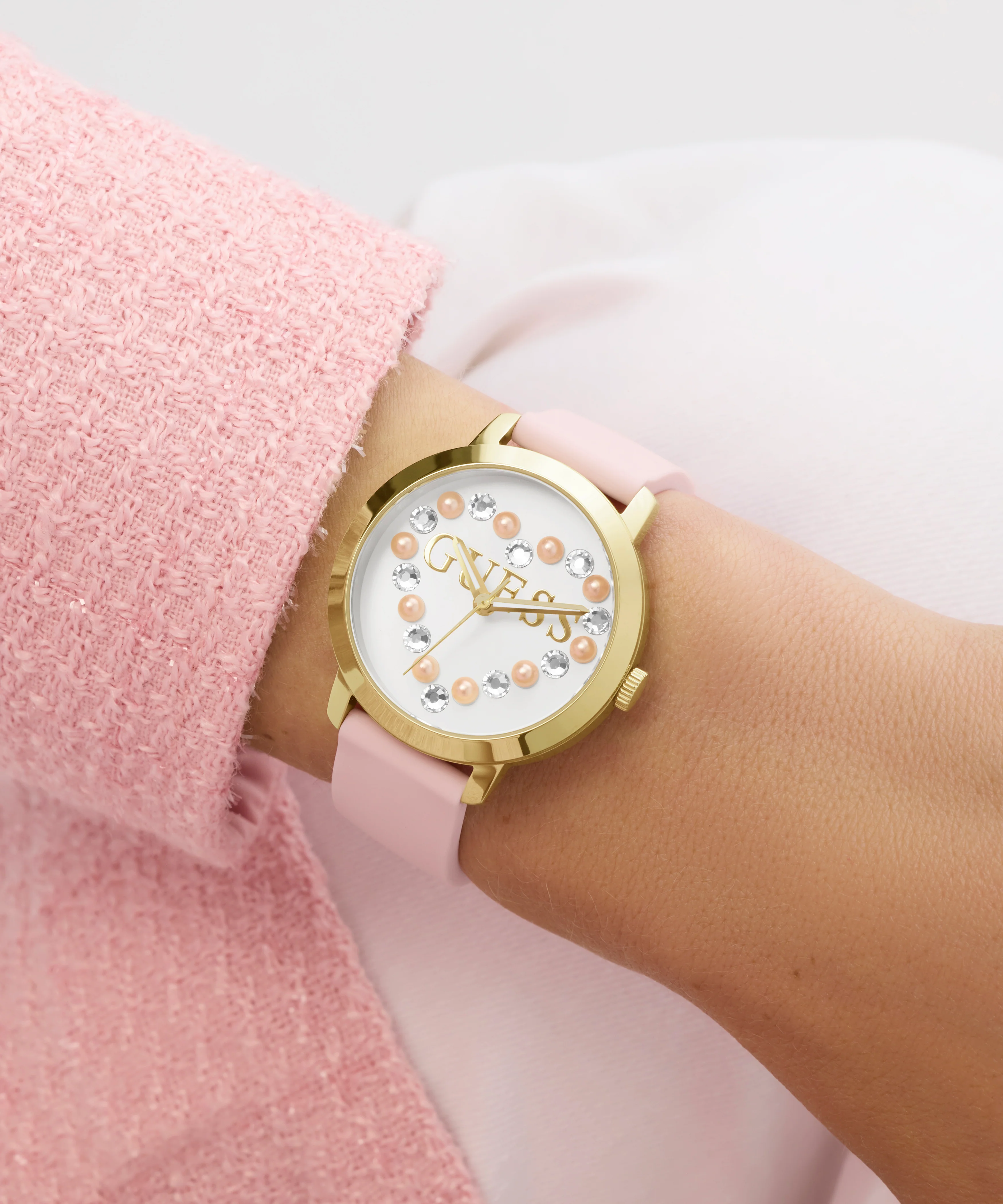 GUESS Ladies Pink Gold Tone Analog Watch - Image 4