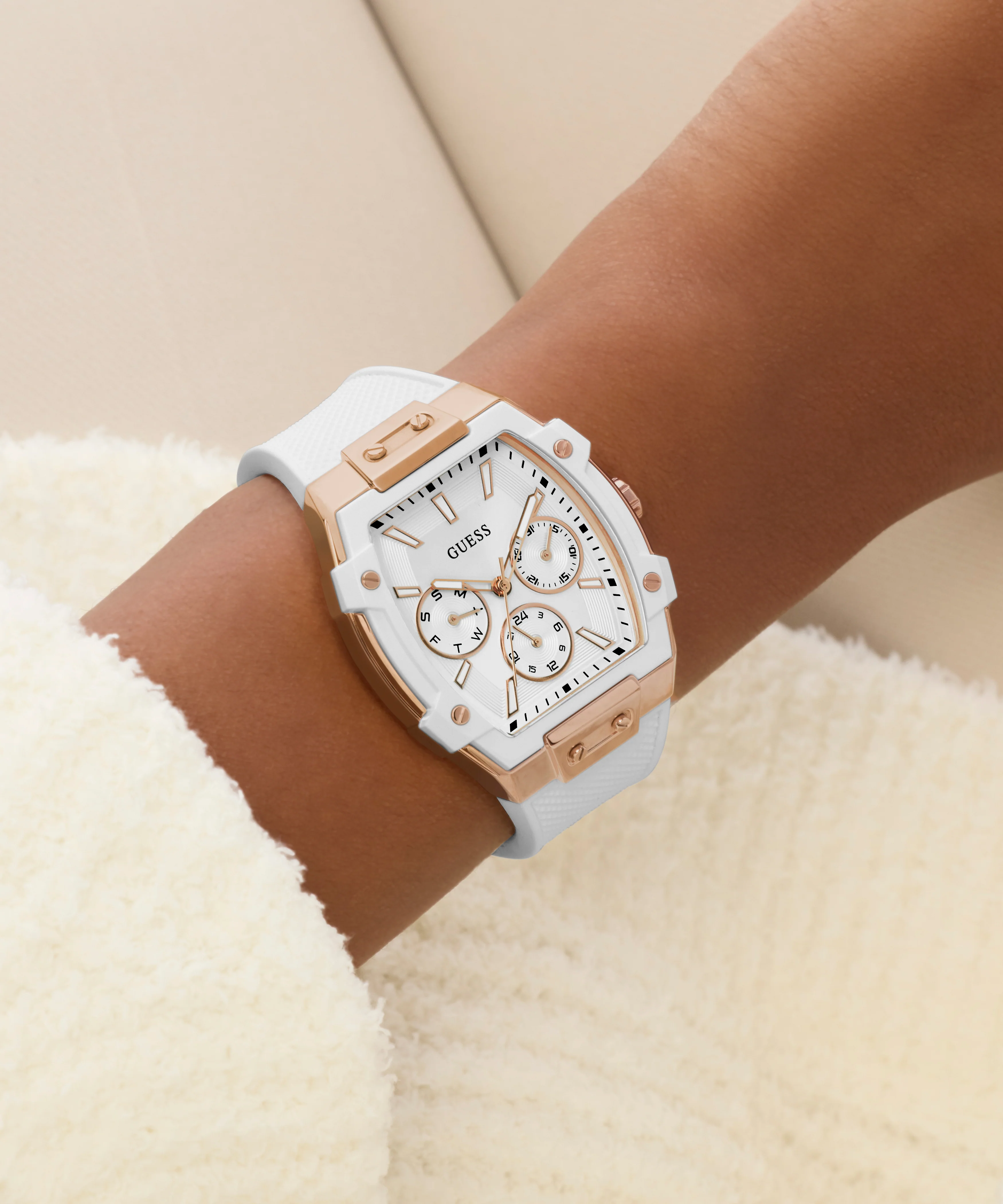 GUESS Ladies White Rose Gold Tone Analog Watch - Image 4