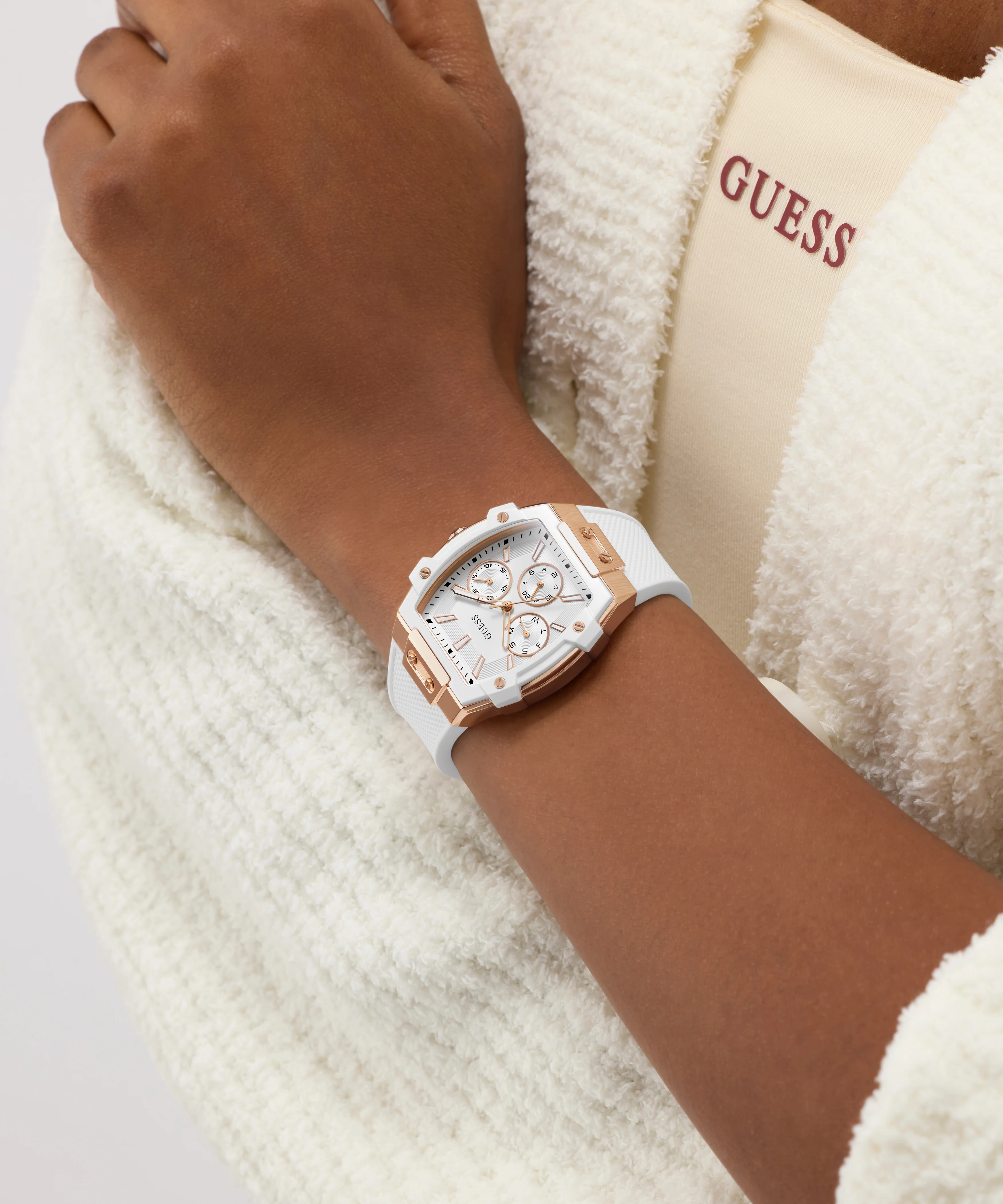 GUESS Ladies White Rose Gold Tone Analog Watch - Image 5