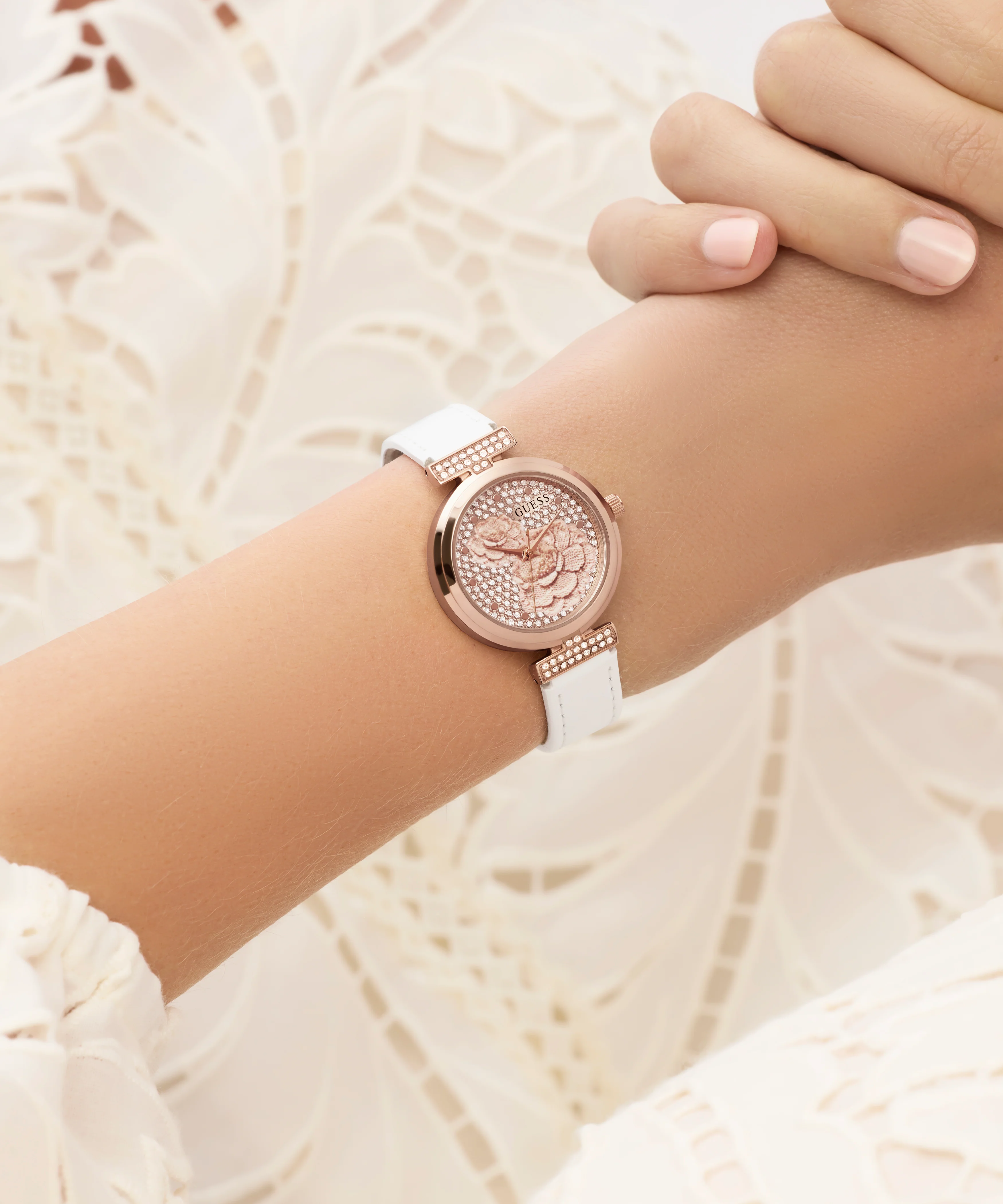 GUESS Ladies White Rose Gold Tone Analog Watch - Image 4