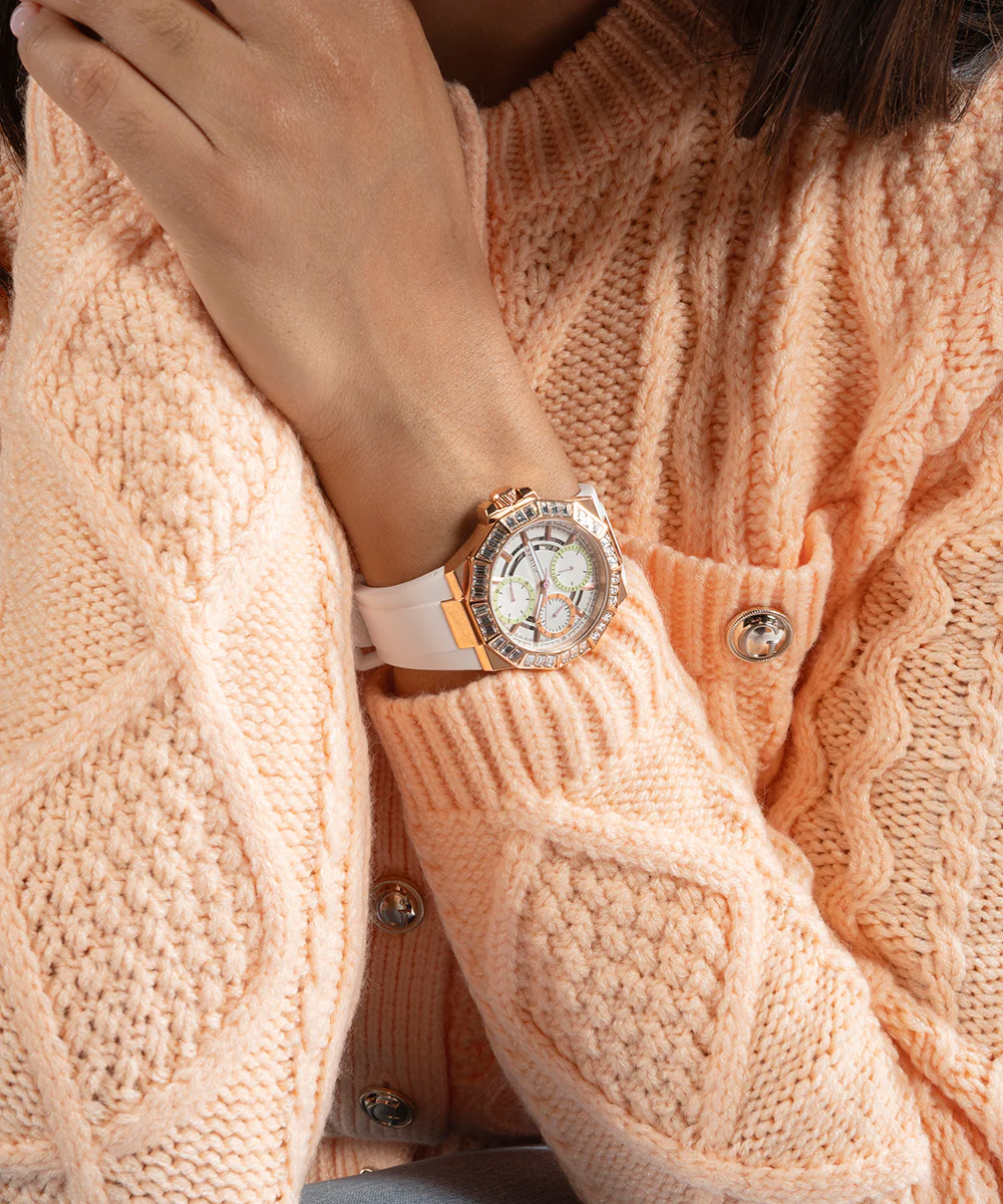 GUESS Ladies White Rose Gold Tone Multi-function Watch - Image 2