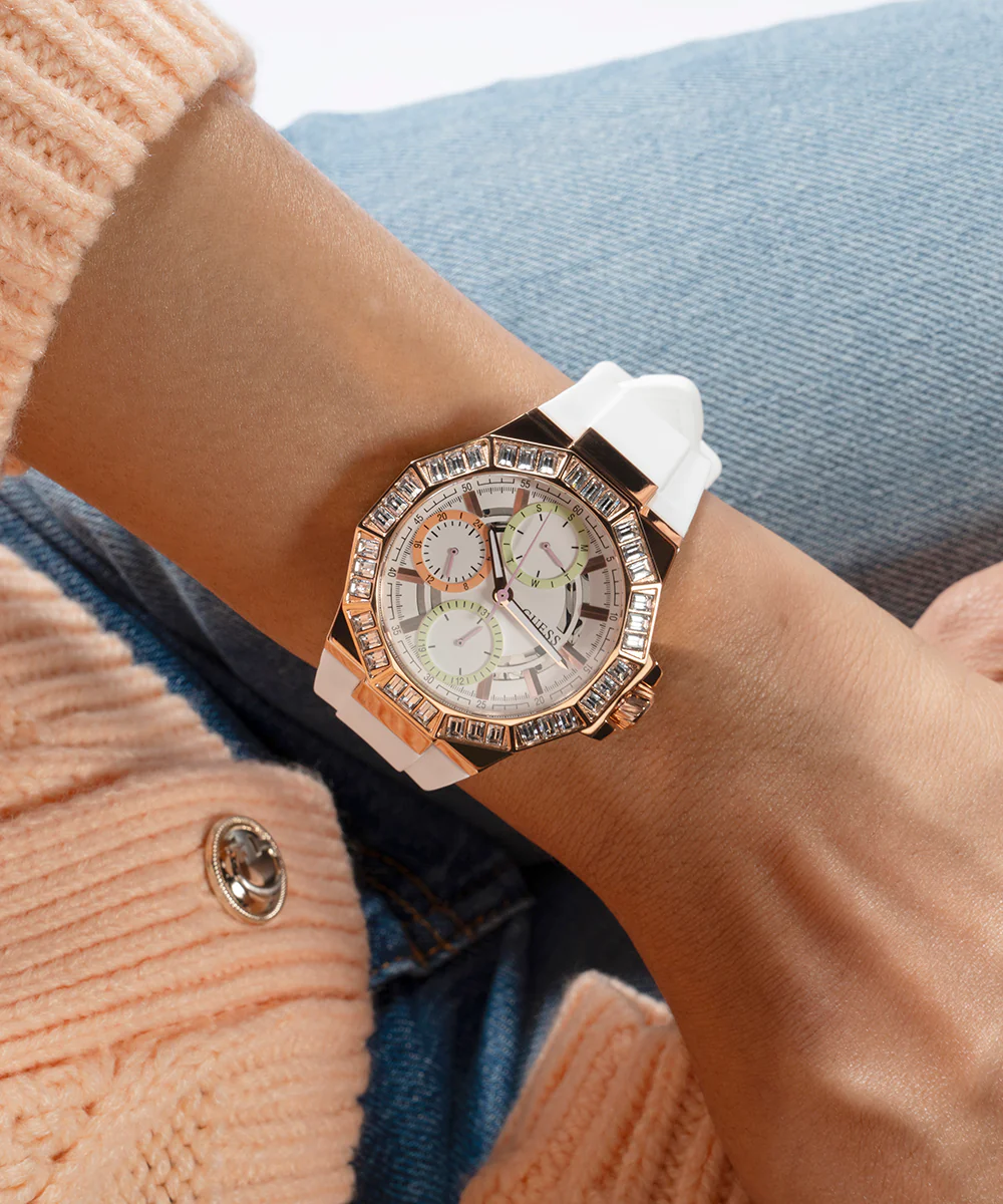 GUESS Ladies White Rose Gold Tone Multi-function Watch - Image 4