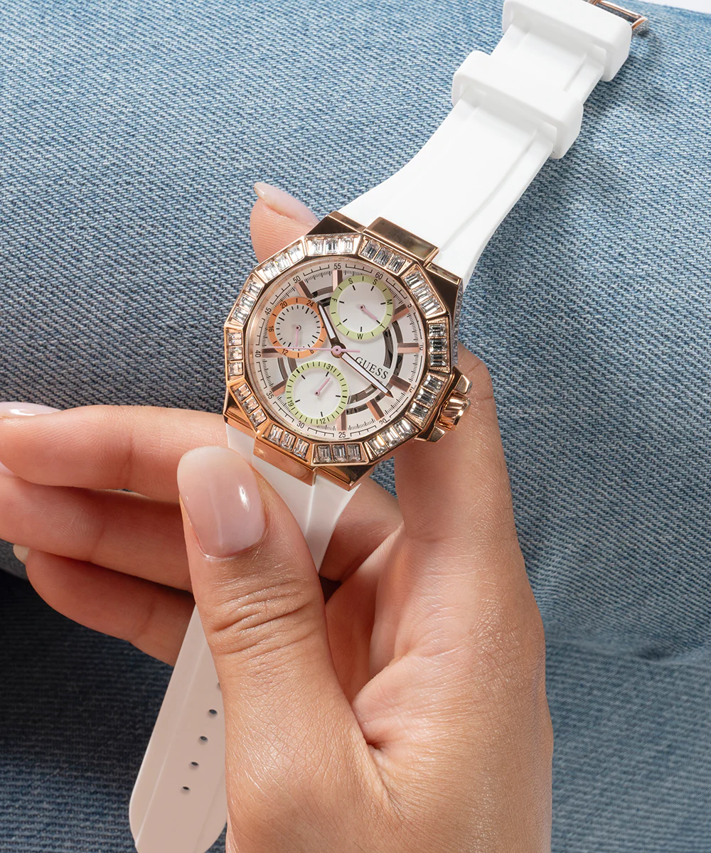 GUESS Ladies White Rose Gold Tone Multi-function Watch - Image 6
