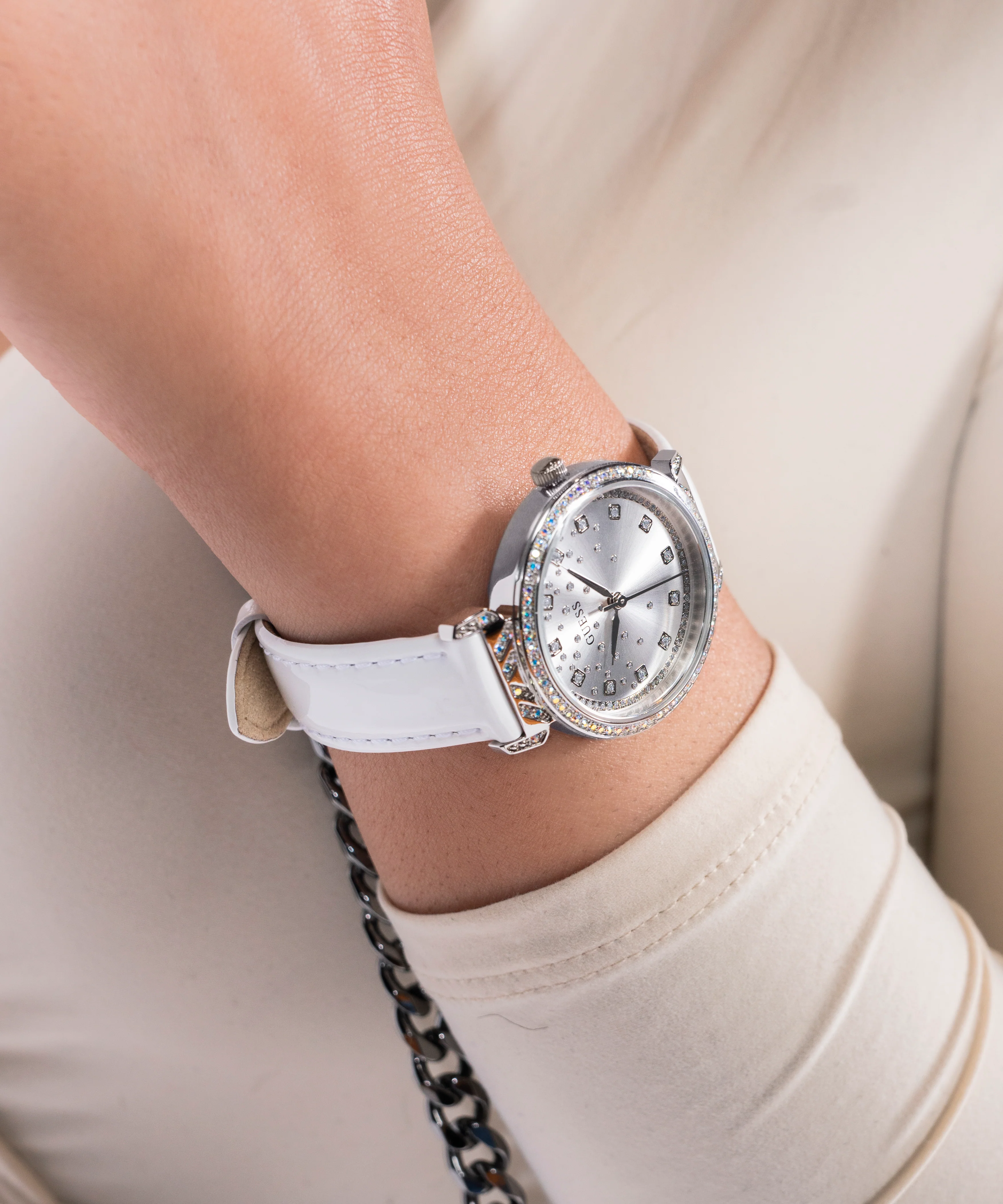 GUESS Ladies White Silver Tone Analog Watch - Image 5