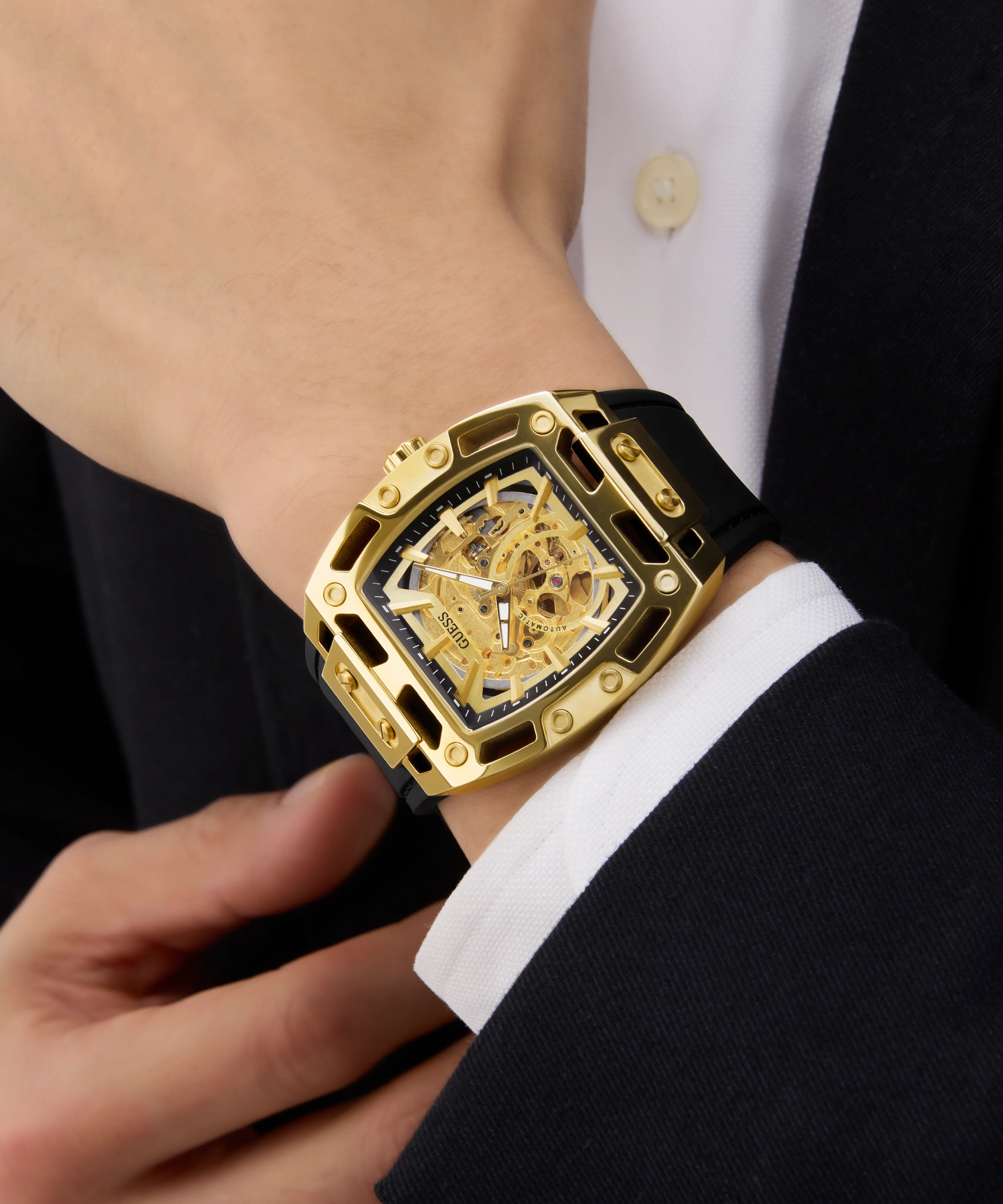 GUESS Mens Black Gold Tone Automatic Watch - Image 3