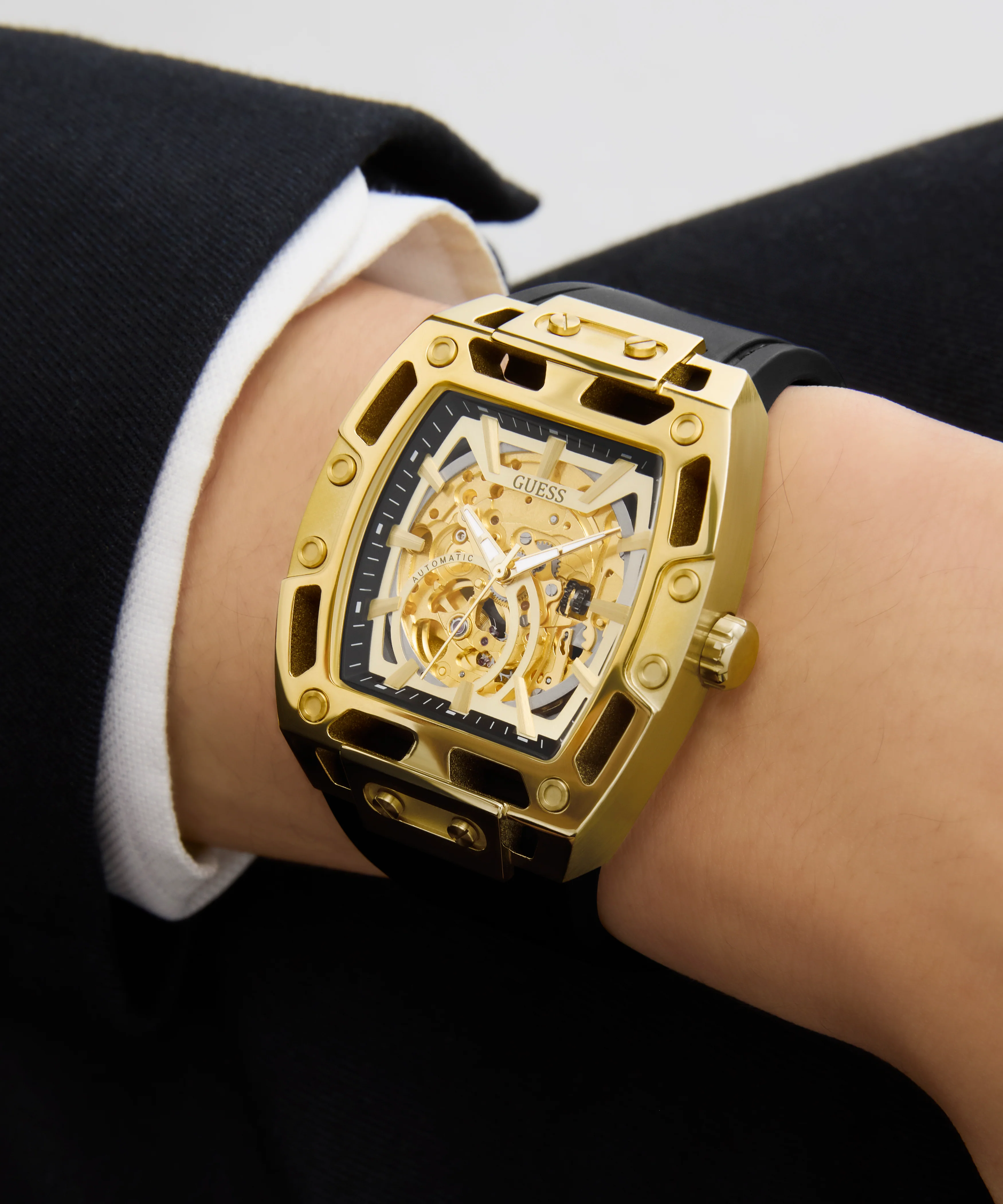 GUESS Mens Black Gold Tone Automatic Watch - Image 5