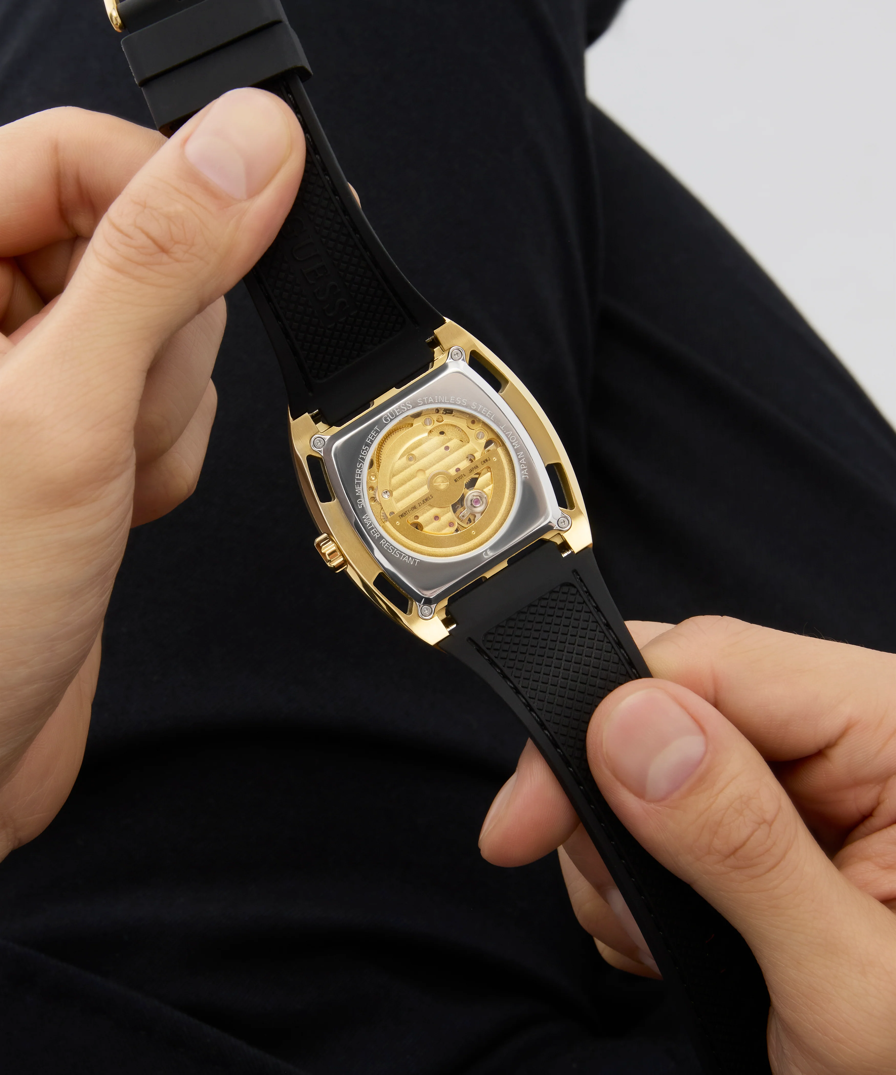GUESS Mens Black Gold Tone Automatic Watch - Image 6