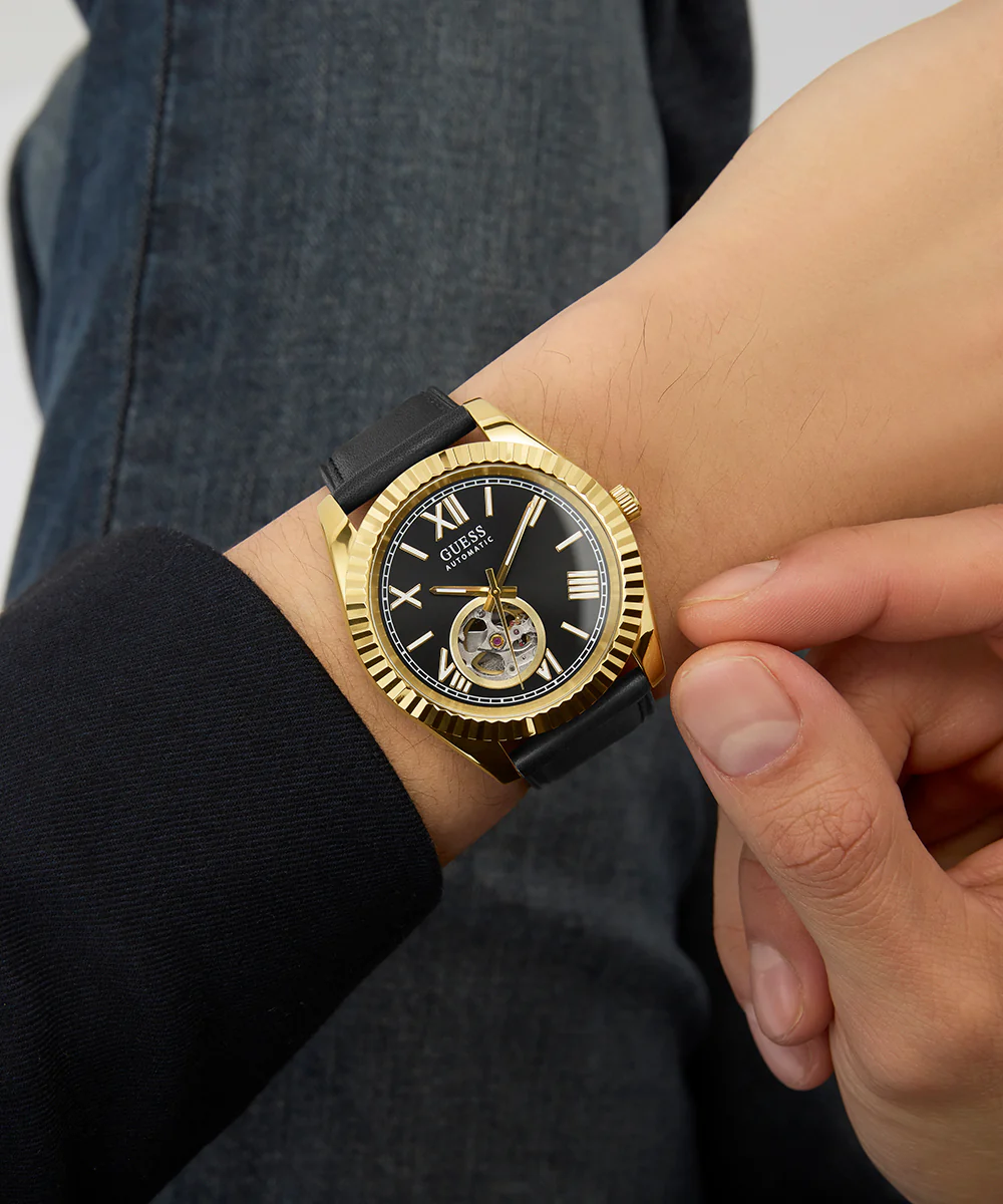 GUESS Mens Black Gold Tone Automatic Watch - Image 6